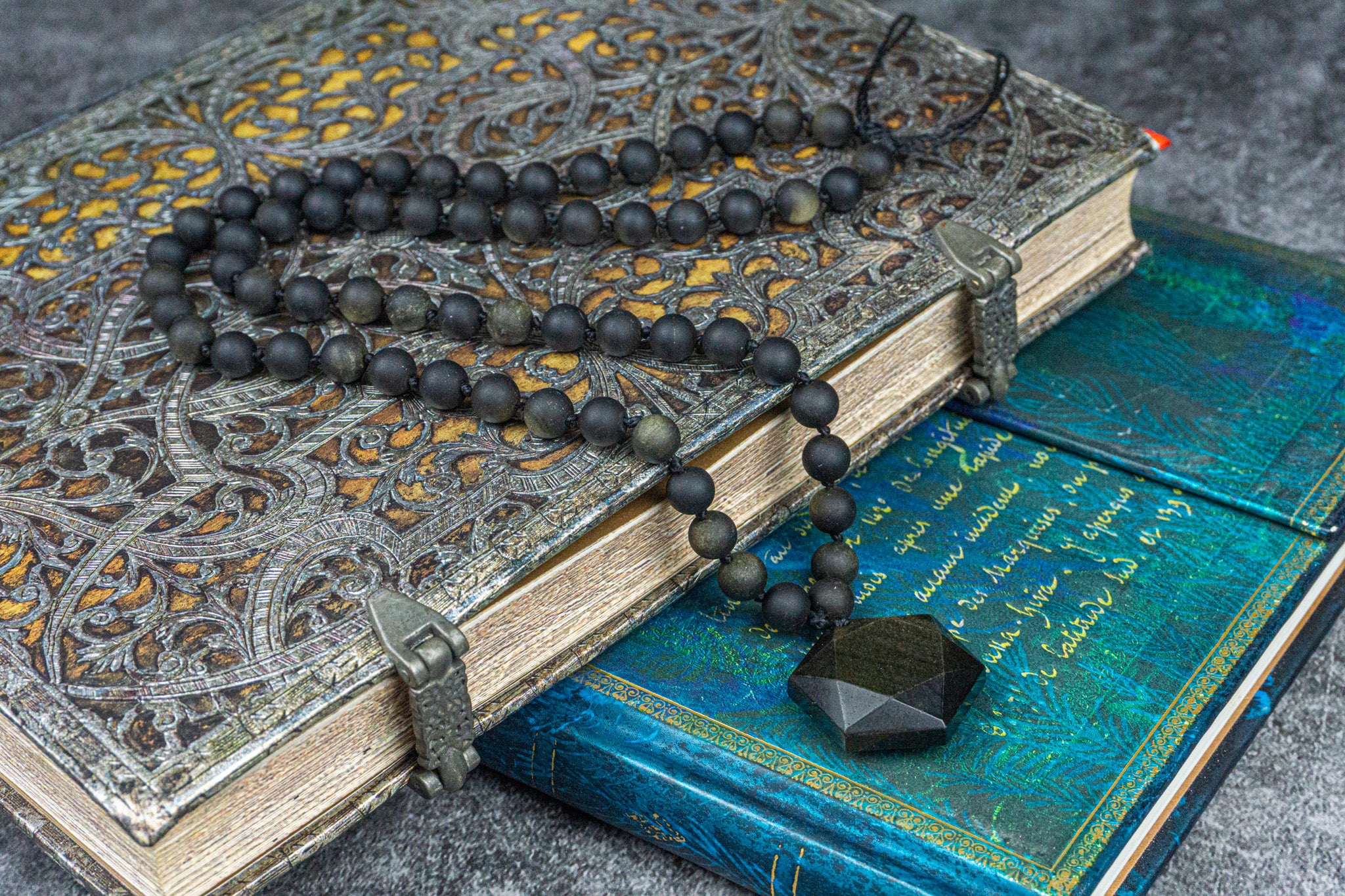 mens black obsidian beaded necklace with a geometric obsidian pendant- wander jewellery