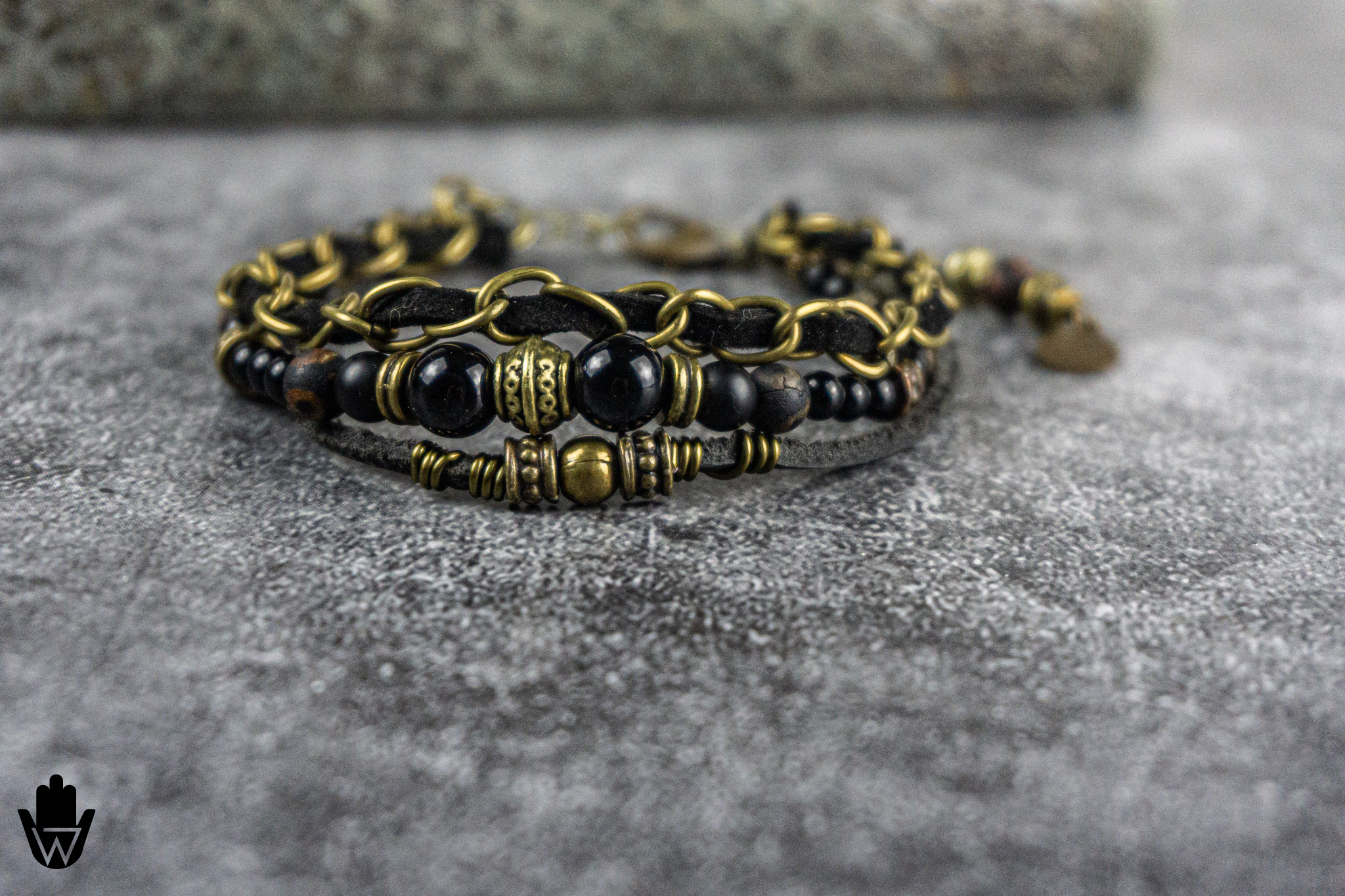 mens black and bronze boho wrap bracelet set made of black onyx and agate, leather, faux leather and bronze chain, bronze coin charm - wanderjewellery