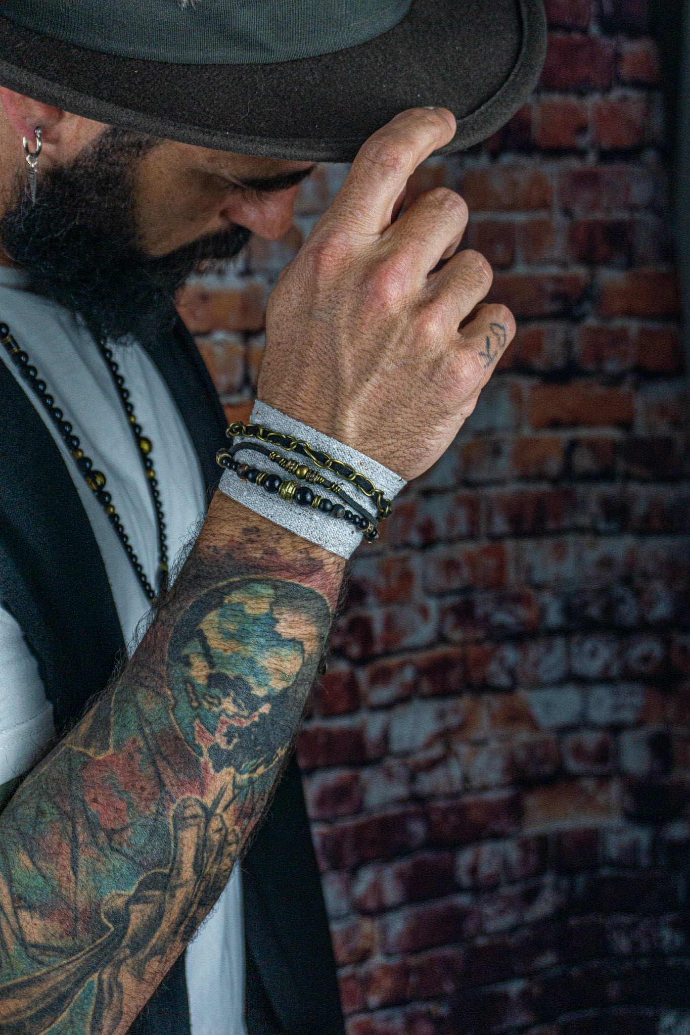 mens black and bronze boho wrap bracelet set made of black onyx and agate, leather, faux leather and bronze chain, bronze coin charm and a cuff cloth- wanderjewellery