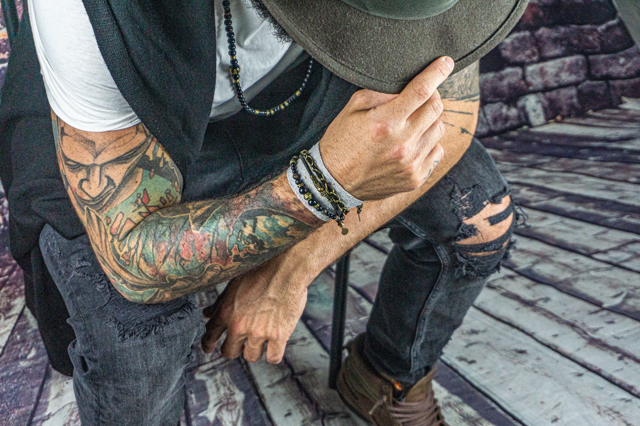 mens black boho wrap bracelet set made of black onyx and agate, leather, faux leather and bronze chain, bronze coin charm and a vintage gray cuff cloth- wanderjewellery