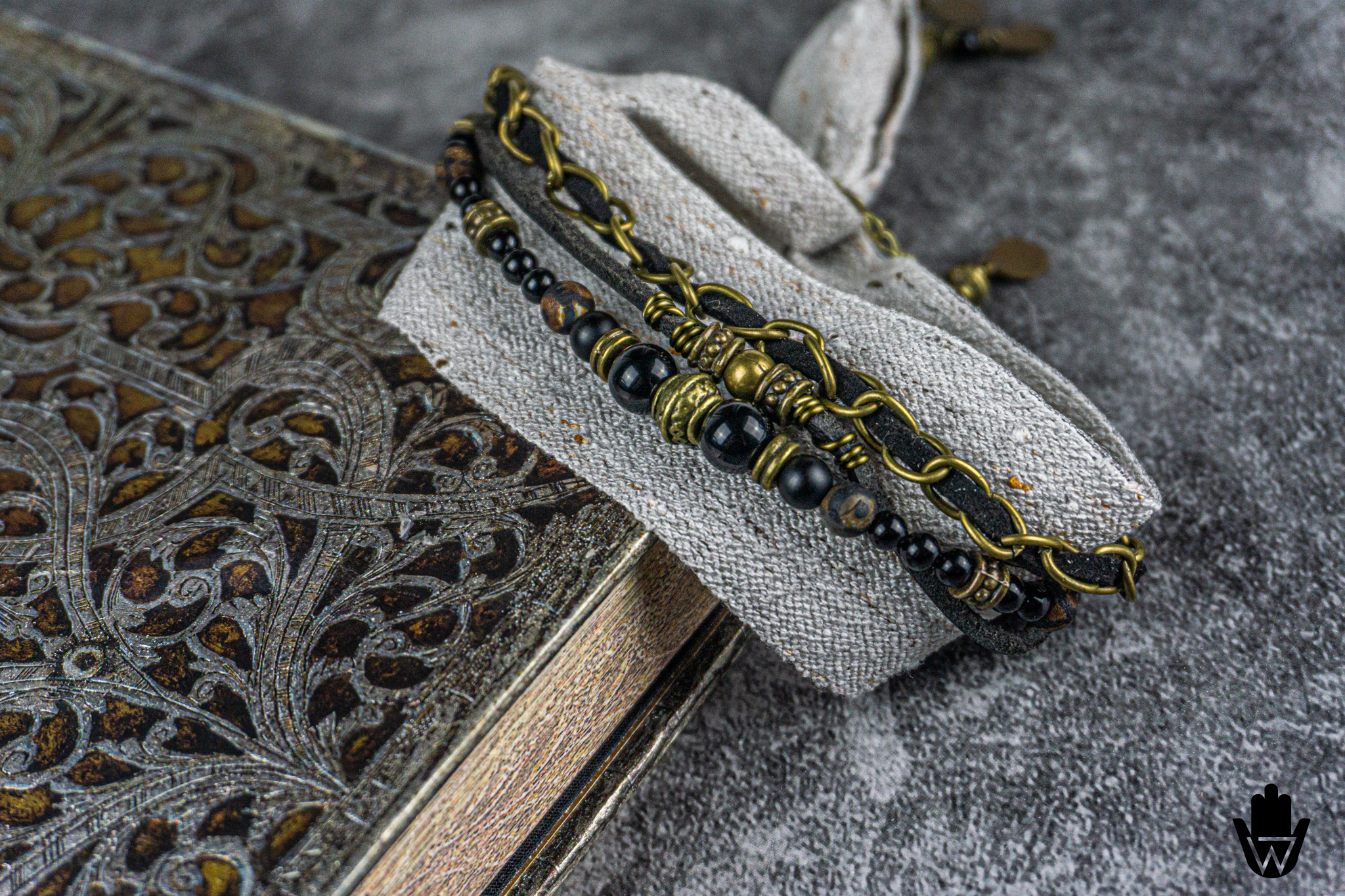 mens black and bronze boho wrap bracelet set made of black onyx and agate, leather, faux leather and bronze chain, bronze coin charm and a vintage gray cuff cloth- wanderjewellery