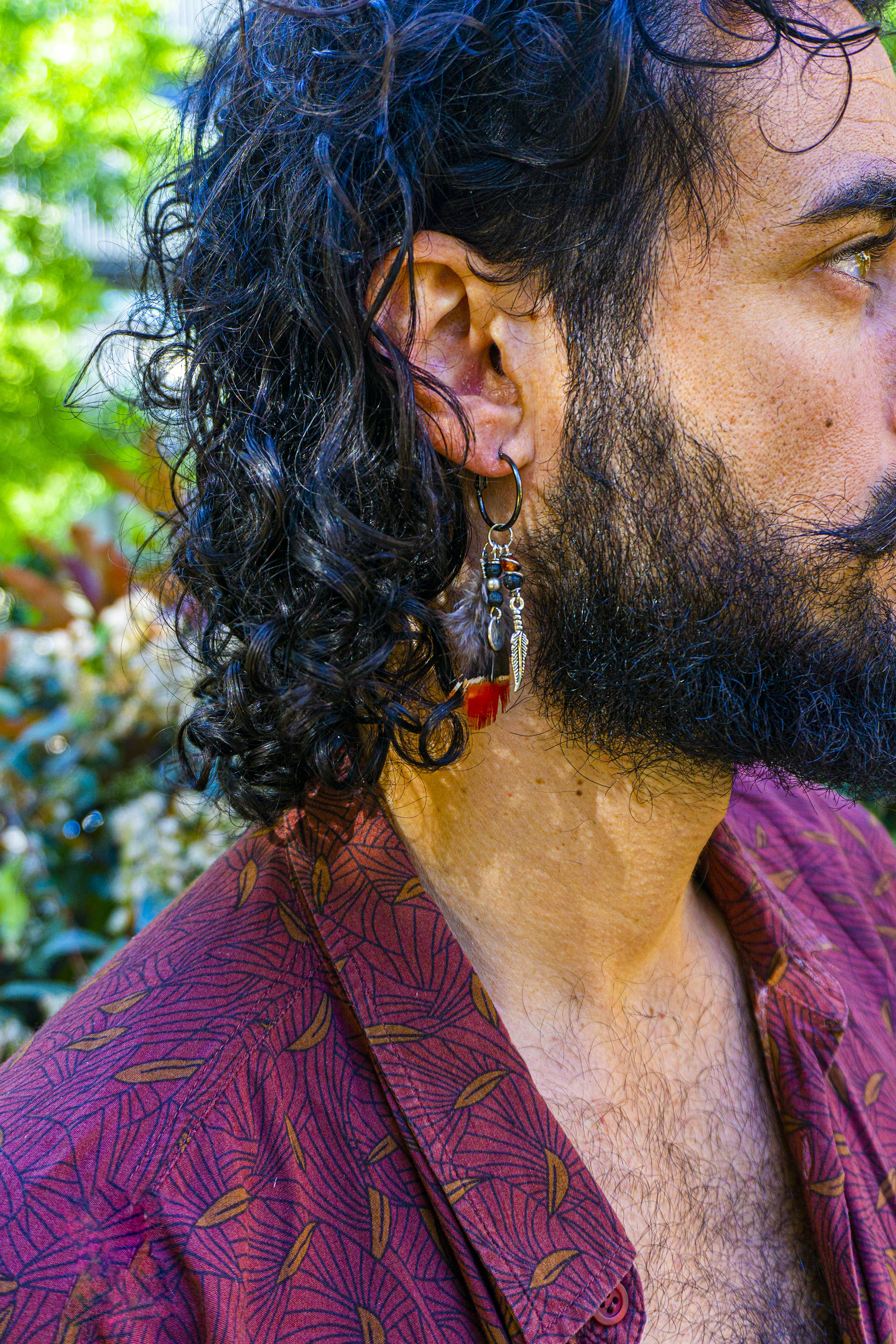 mens hoop dangle earring with charms and feather- wander jewellery
