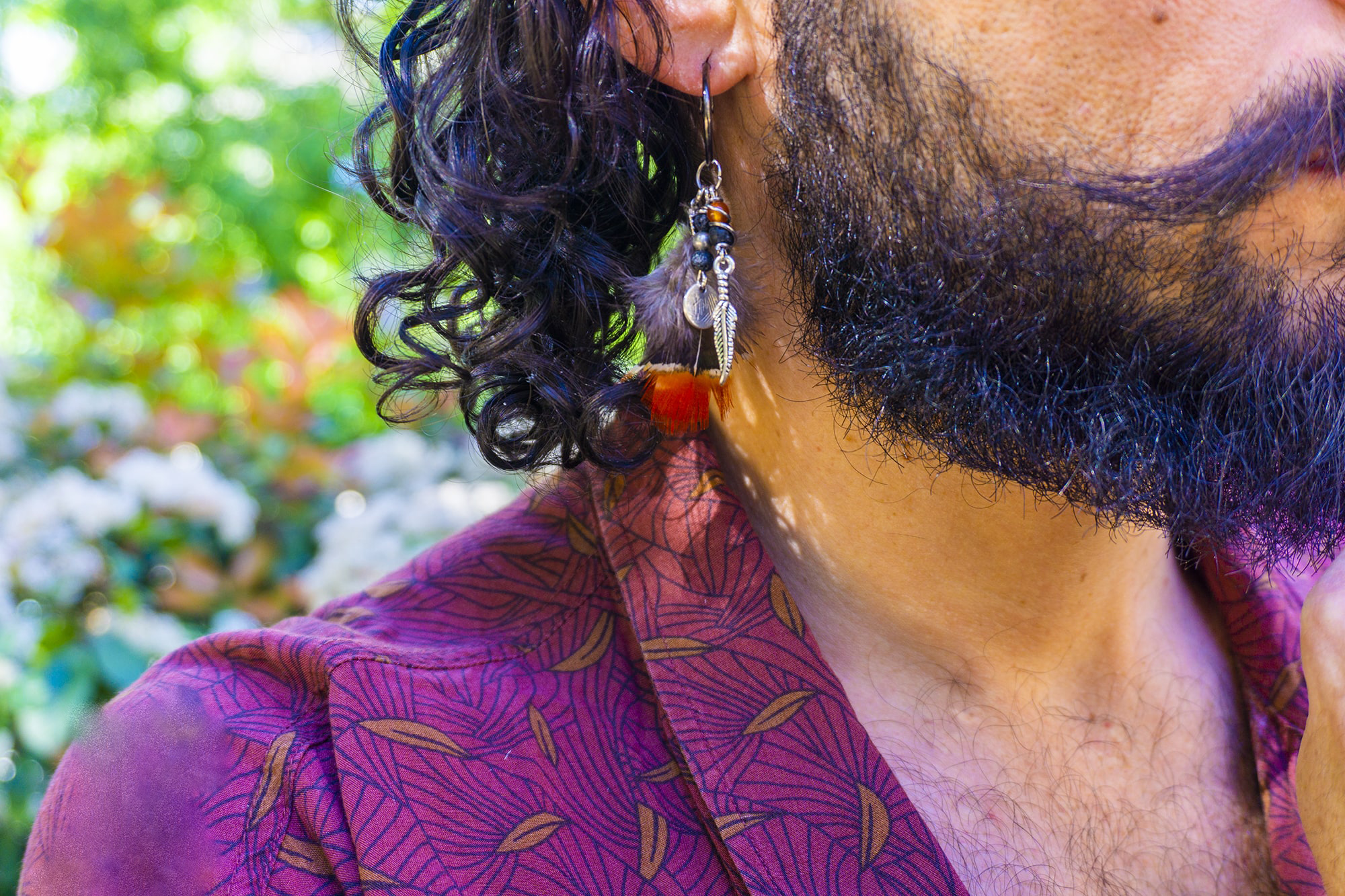 mens dangle earring with charms and feather- wander jewellery