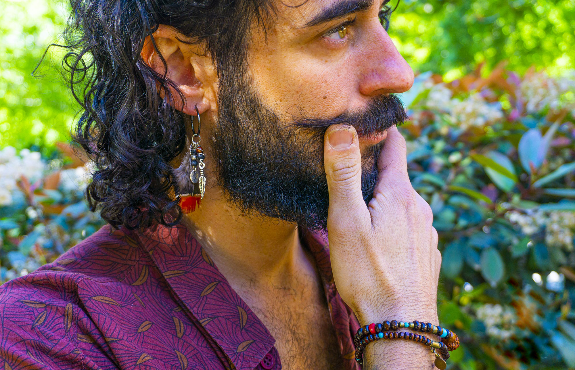 mens hoop dangle earring with charms and natural feather- wander jewellery