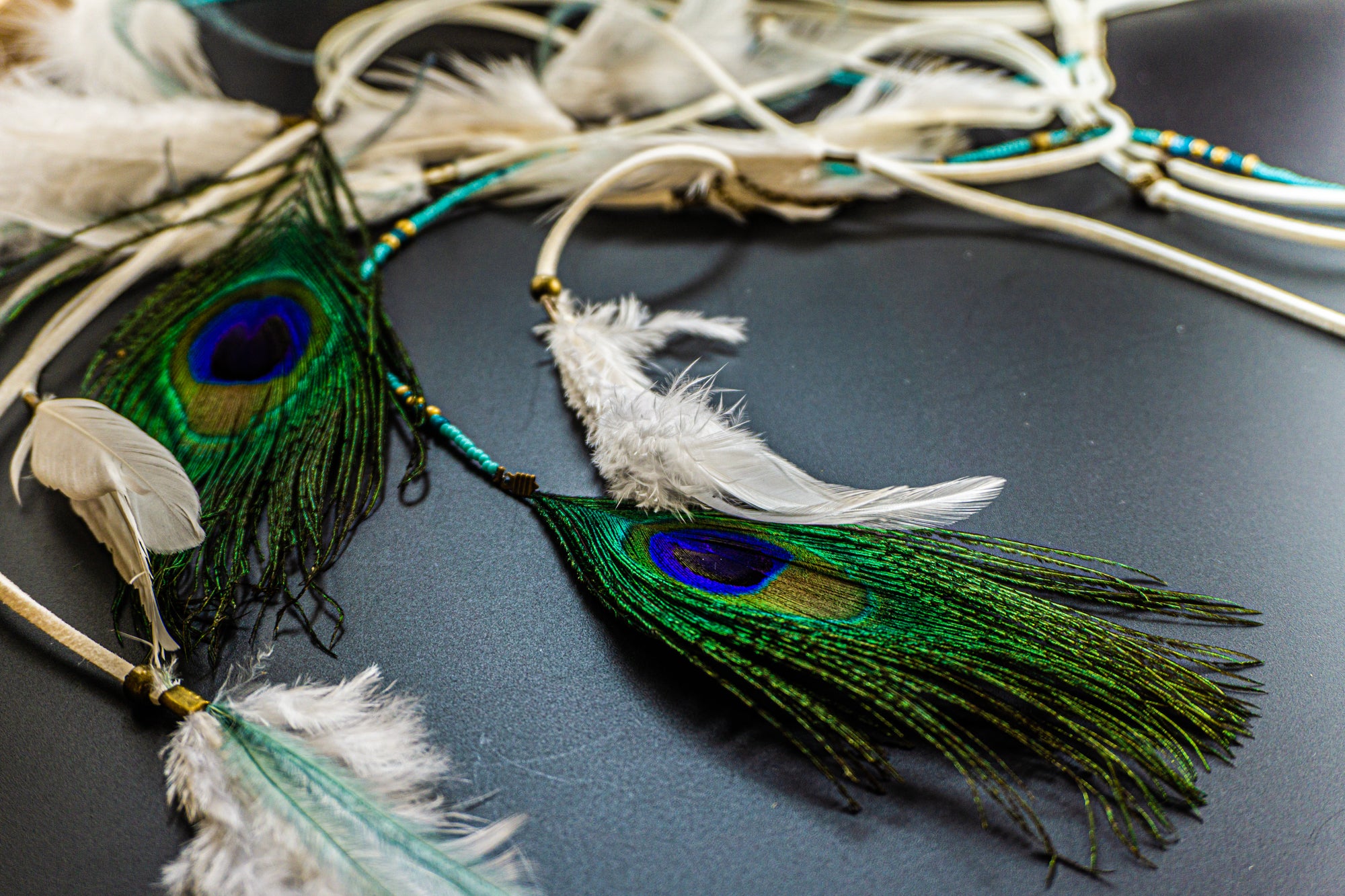 bohemian white braided headband with natural feathers- wander jewellery