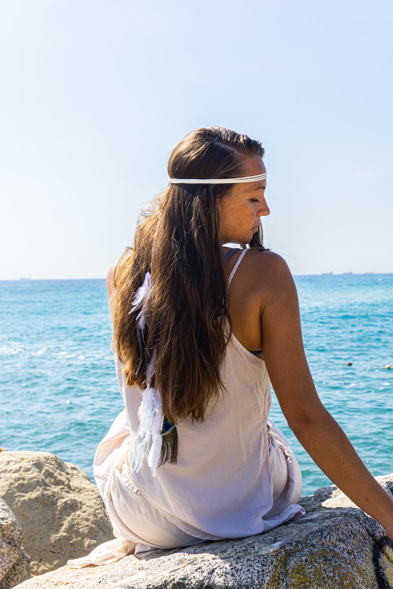womens white braided headband with natural feathers and charms- wander jewellery