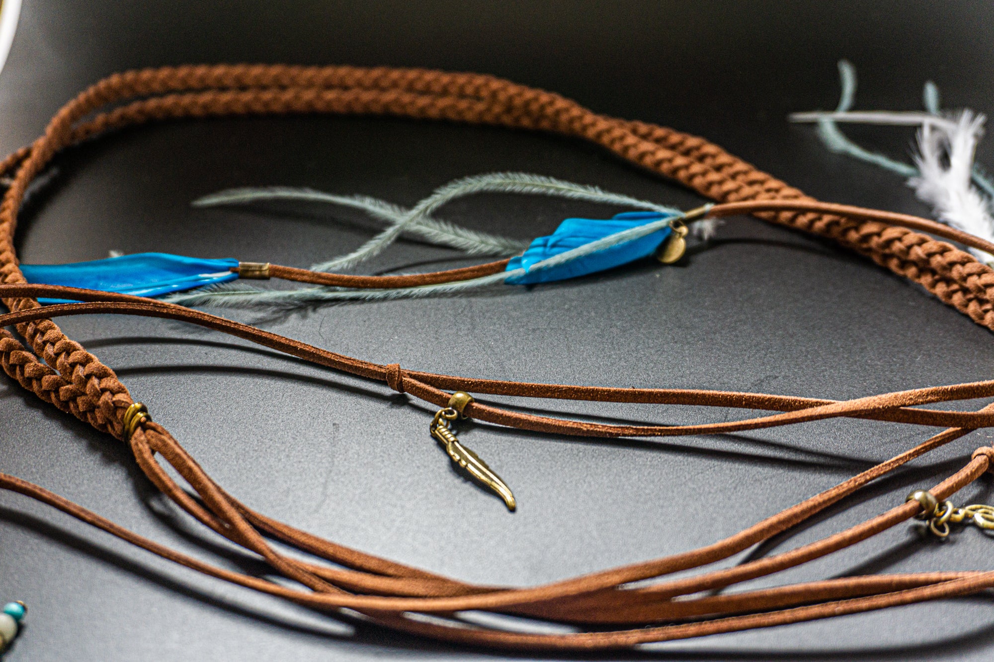 braided brown leather headband with feathers- wander jewellery