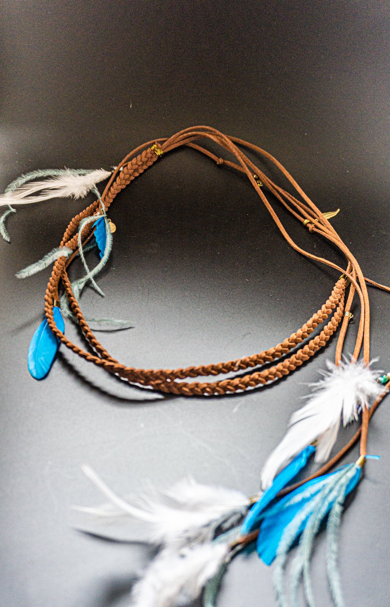 braided brown faux leather headband with feathers- wander jewellery