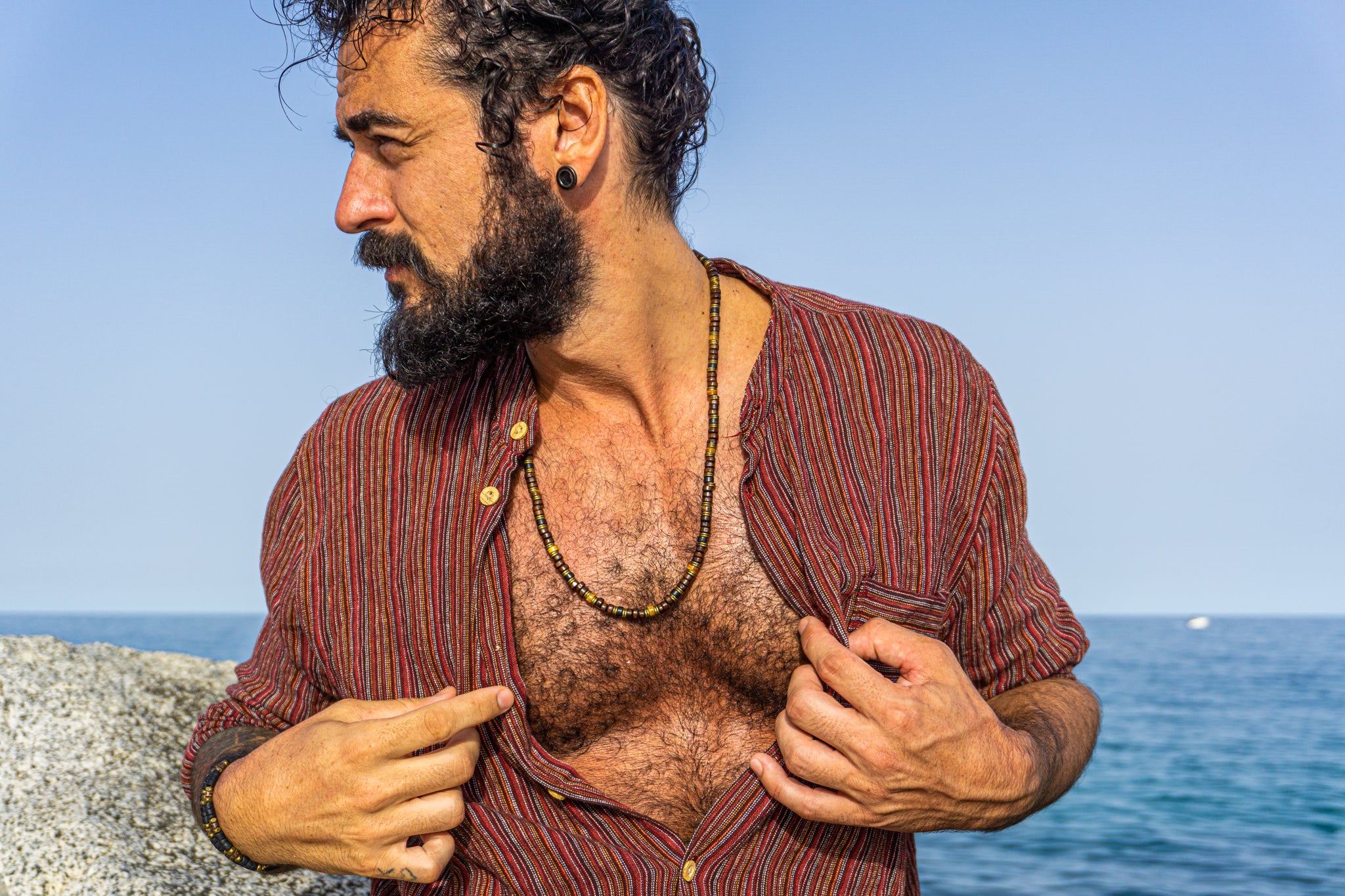 mens wood, onyx and tiger eyes heishi bead necklace- wander jewellery