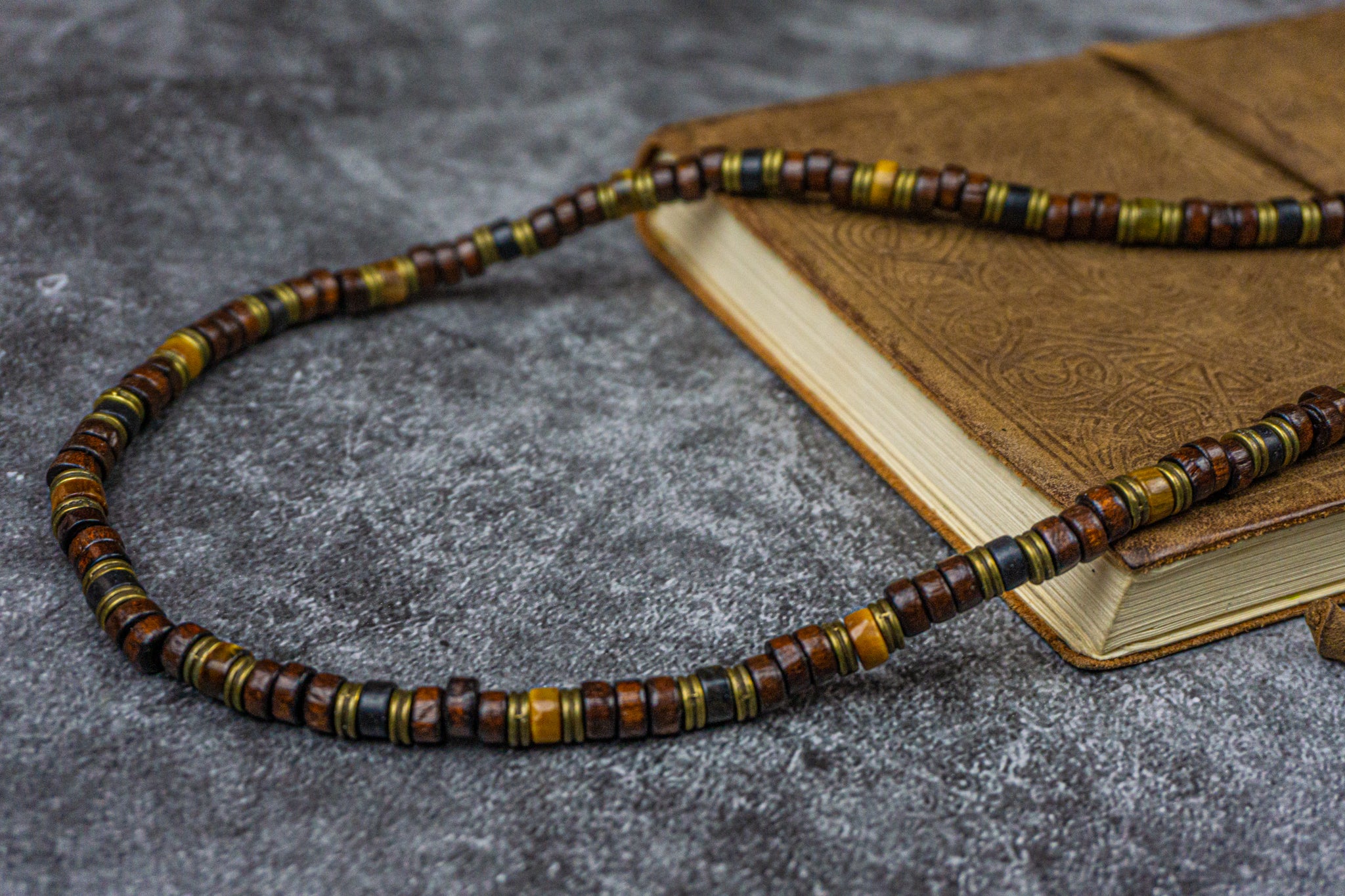 wood, onyx and tiger eyes heishi bead necklace- wander jewellery
