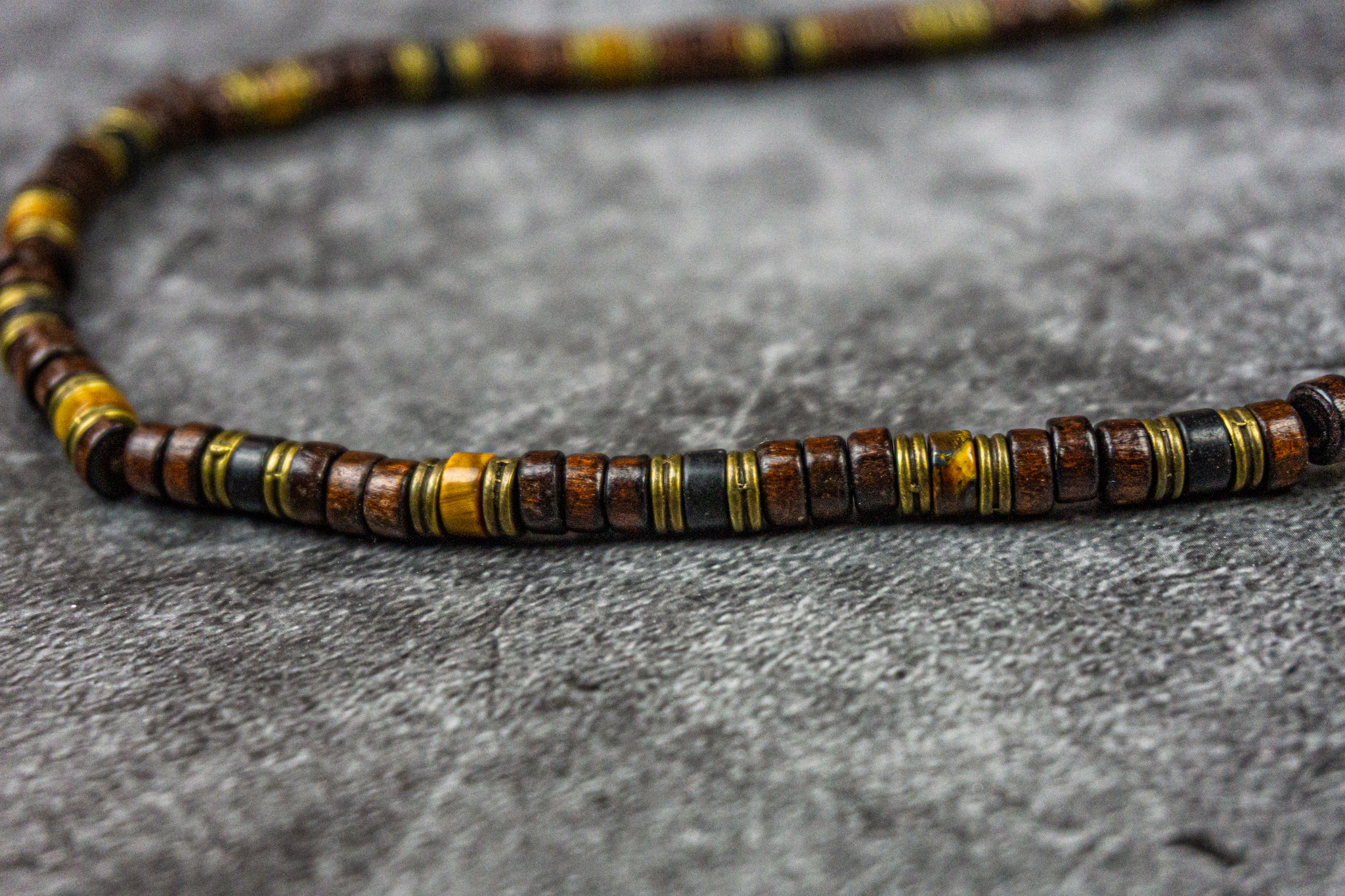 wooden, onyx and tiger eyes heishi bead necklace- wander jewellery
