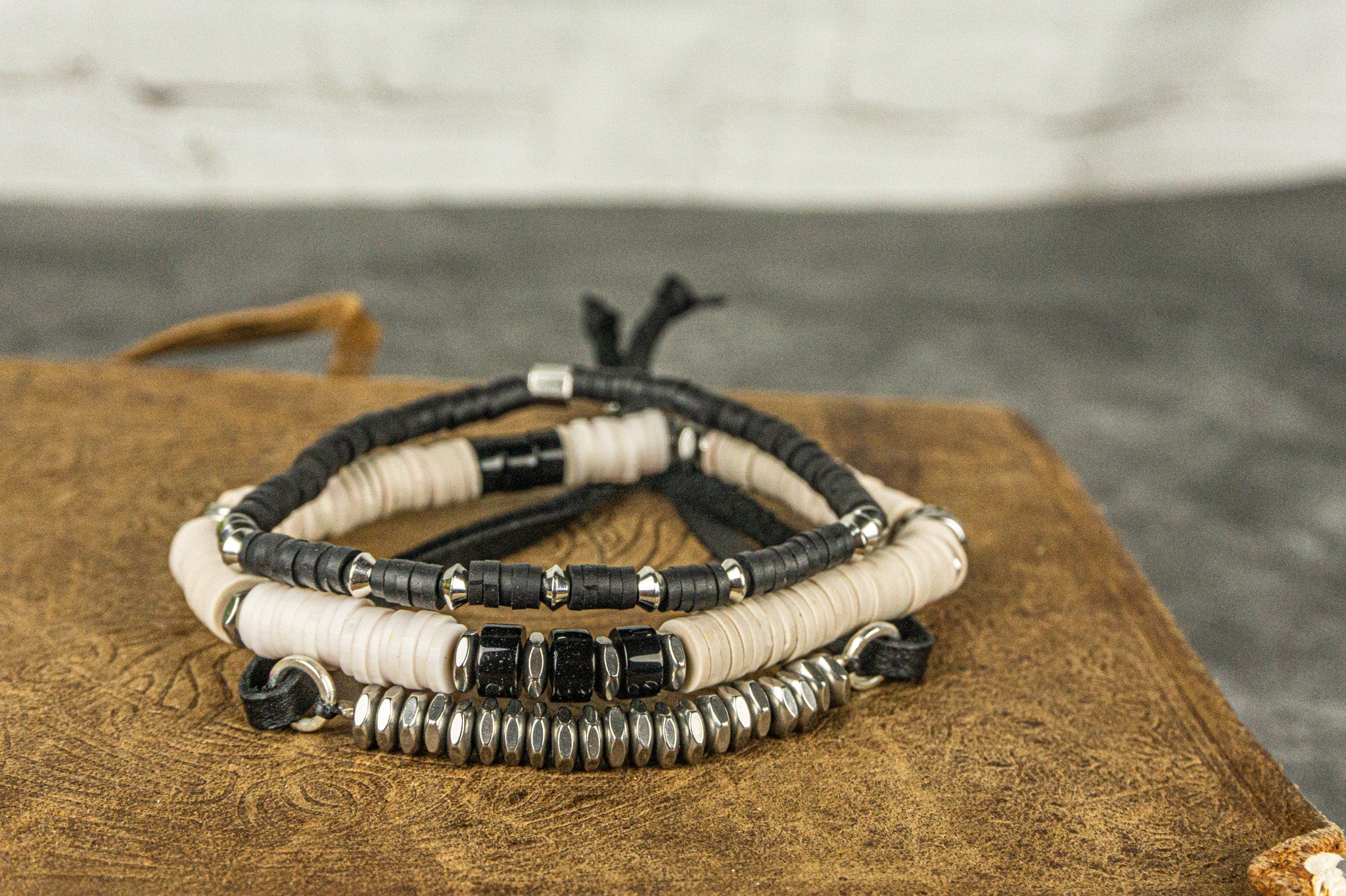 black and white vinyl heishi bead bracelet set with leather and stainless steel adjustable bracelet- wander jewellery