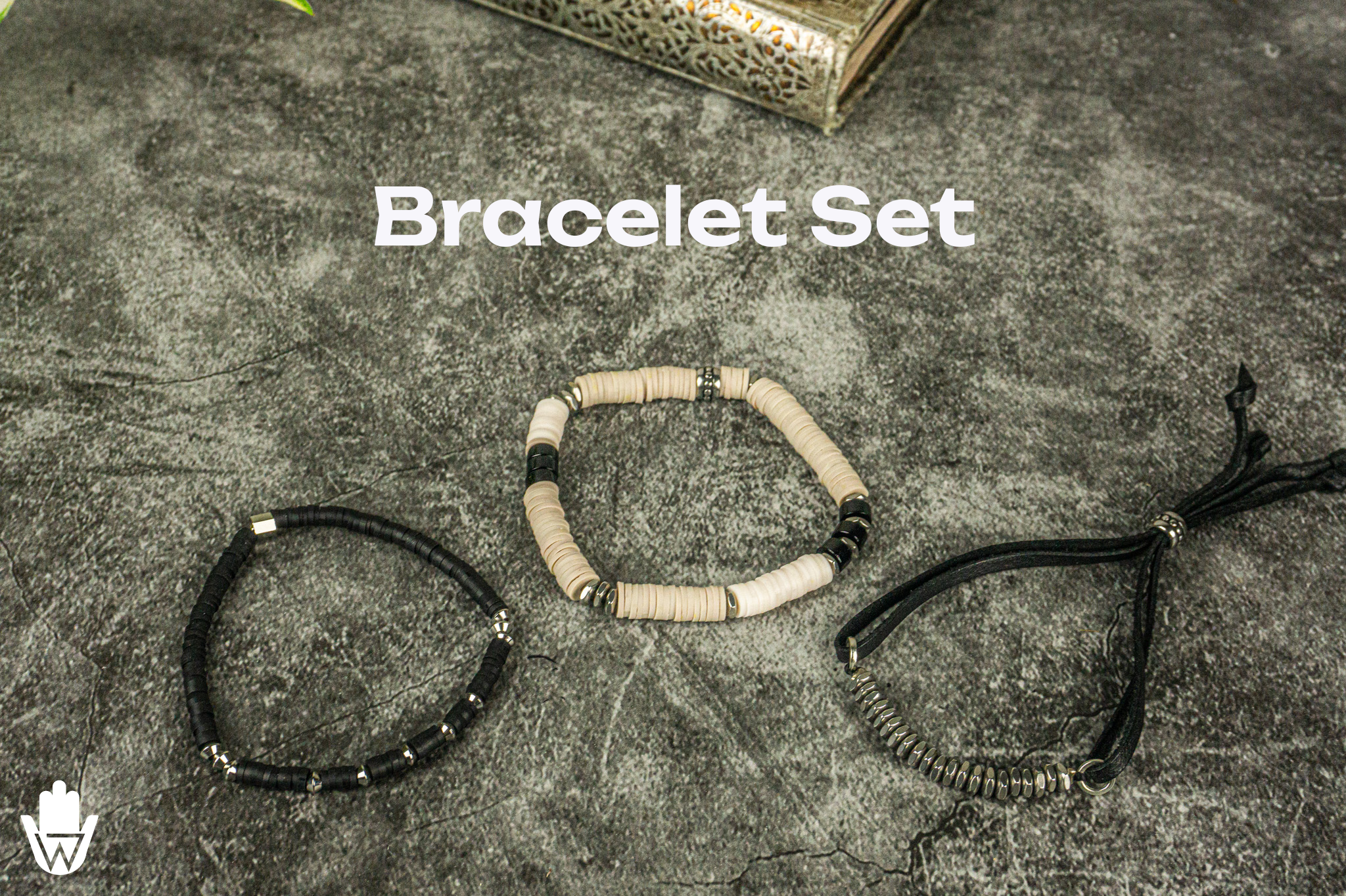 black and white vinyl heishi bracelet set with leather and stainless steel adjustable bracelet- wander jewellery