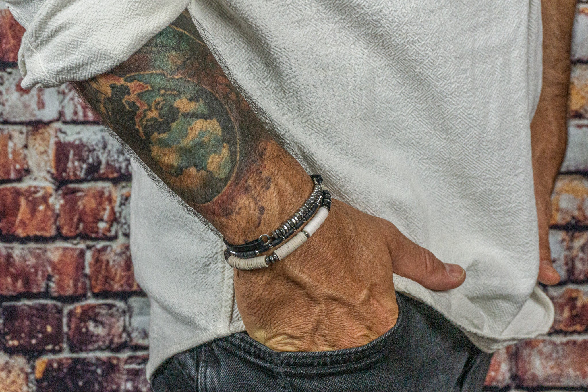 mens vinyl heishi bead bracelet set with leather and stainless steel adjustable bracelet- wander jewellery