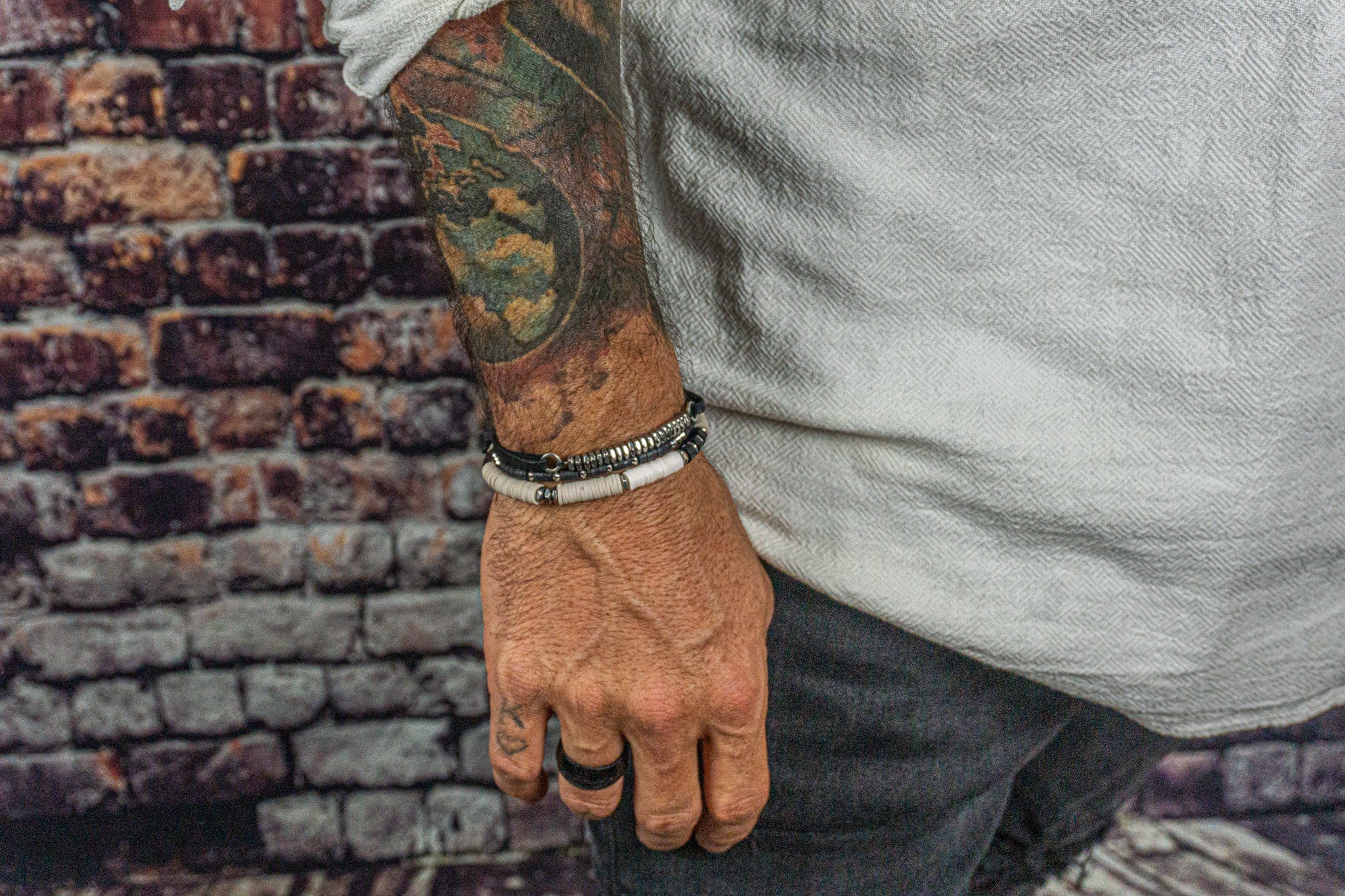 mens black and white vinyl heishi bead bracelet set with leather and stainless steel adjustable bracelet- wander jewellery