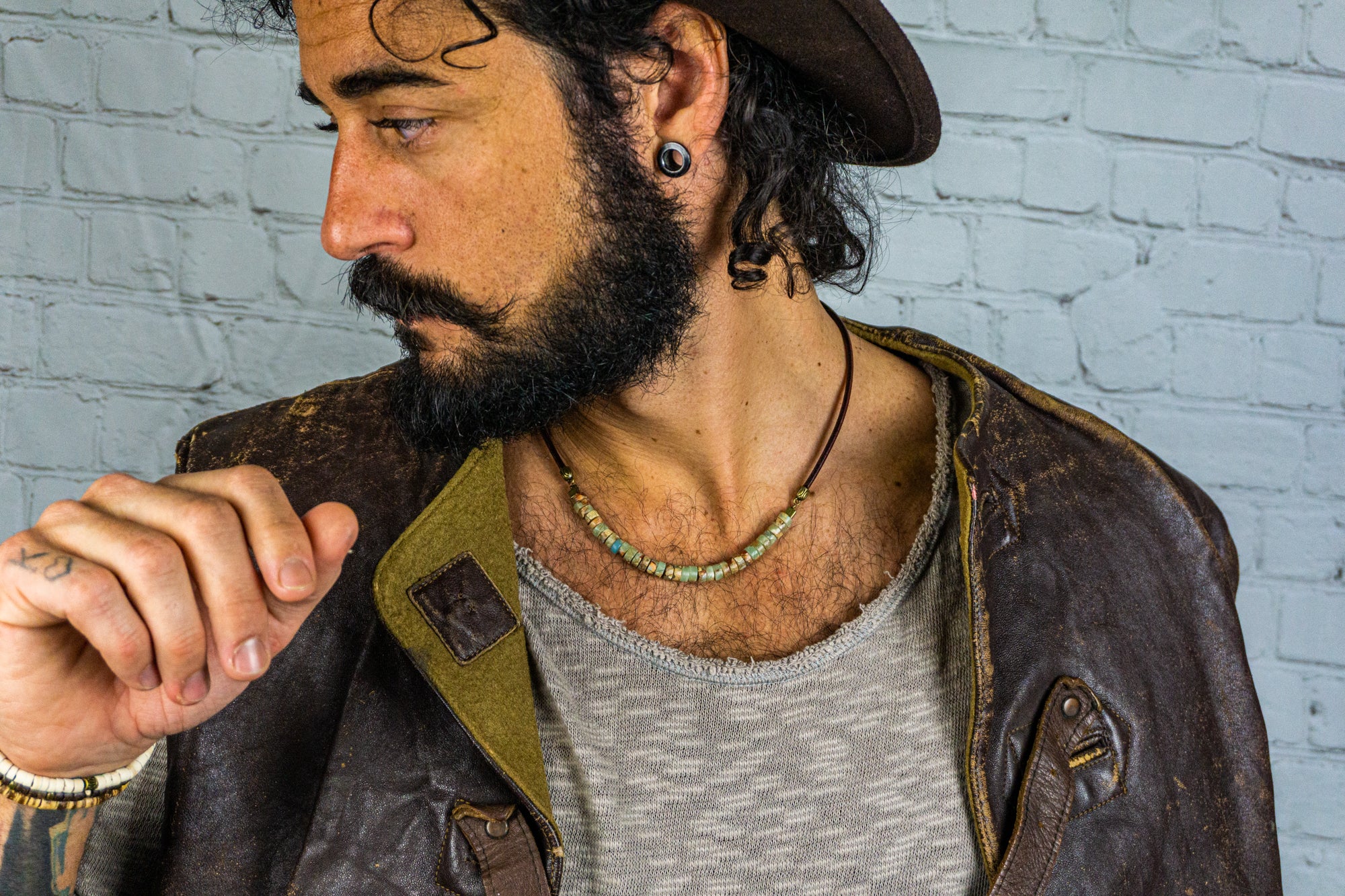 mens leather choker necklace with green howlite heishi bead gemstones- wander jewellery