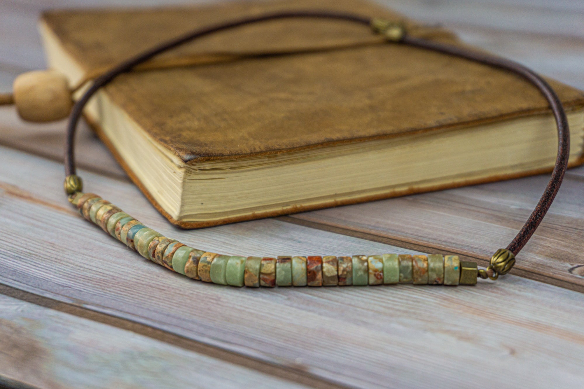 leather choker necklace with green howlite heishi bead gemstones- wander jewellery