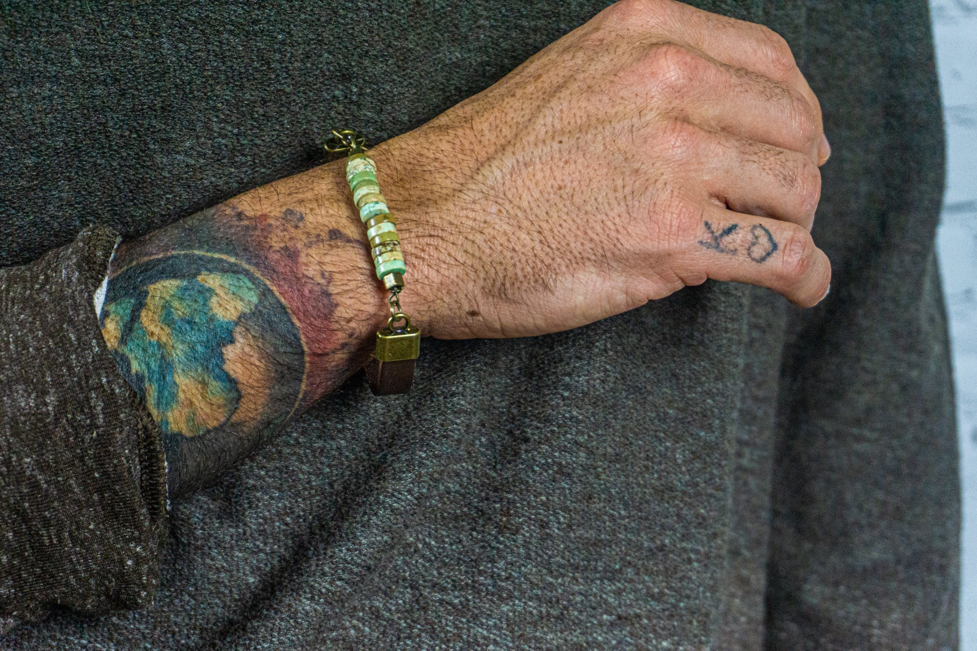 mens leather bracelet with green howlite gemstone- wander jewellery