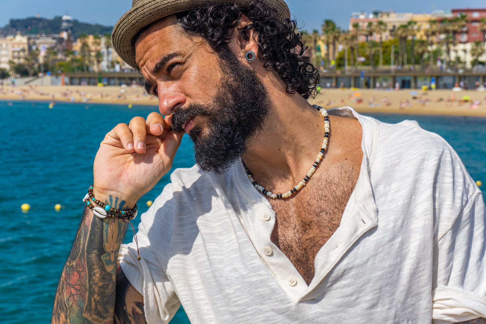 mens white ivory bamboo coral chips choker - wander jewellery