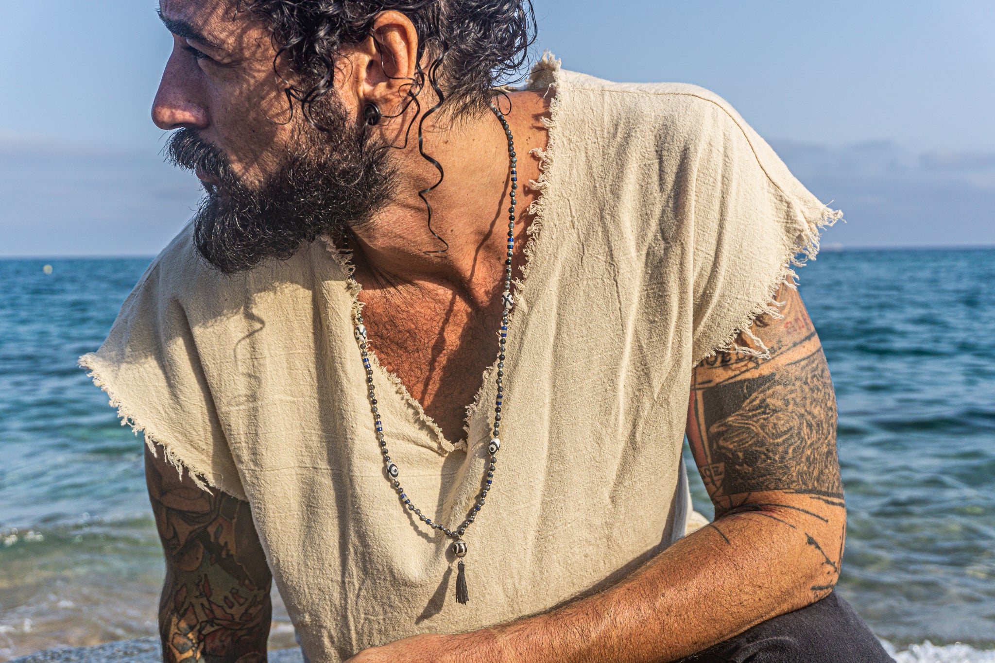 black onyx, labradorite, lapis lazuli and agate beaded tassel necklace for men- wander jewellery
