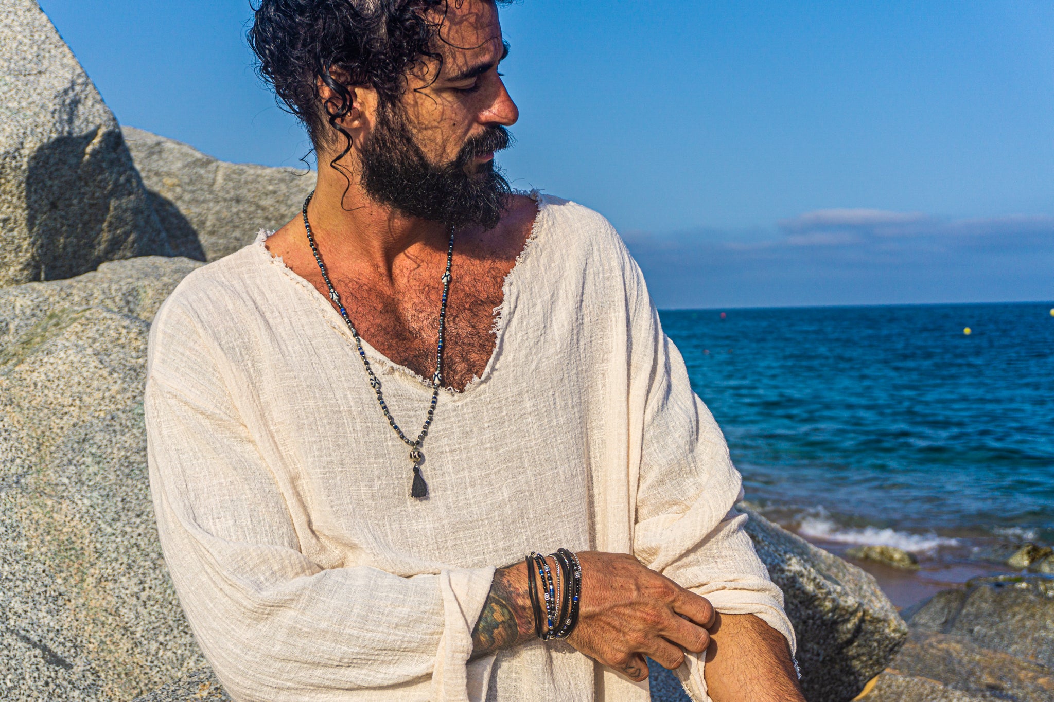 black onyx, labradorite, lapis lazuli and agate gemstone beaded tassel necklace for men- wander jewellery
