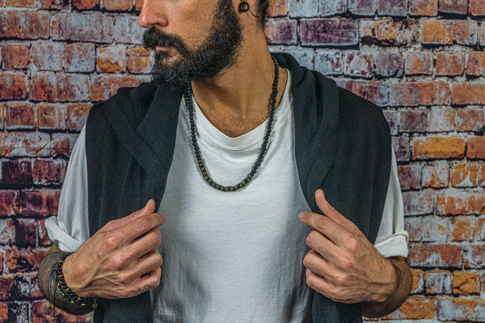 mens black and bronze lava stone necklace- wander jewellery