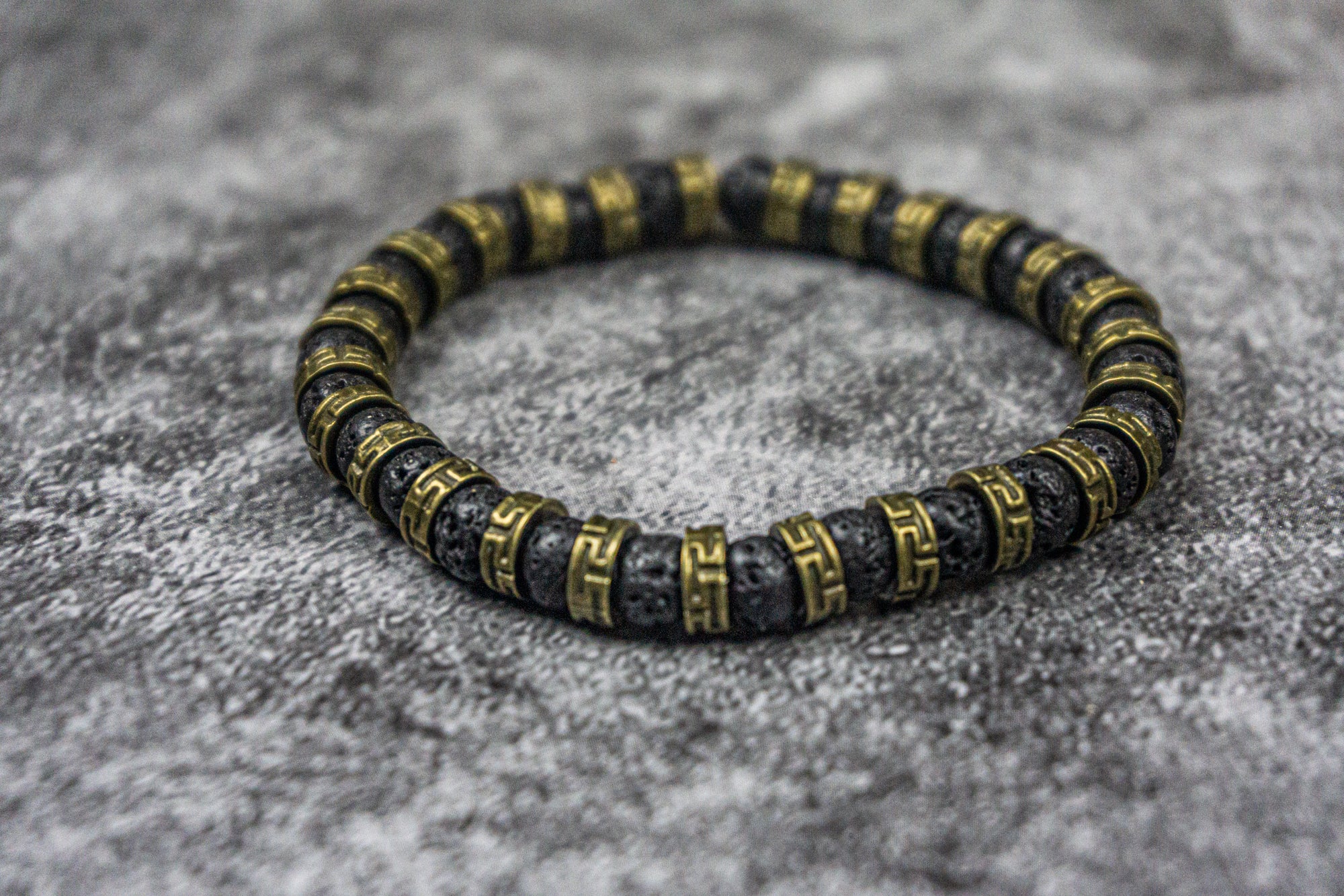 black chunky lava stone and brass spacer beads bracelet- wanderjewellery