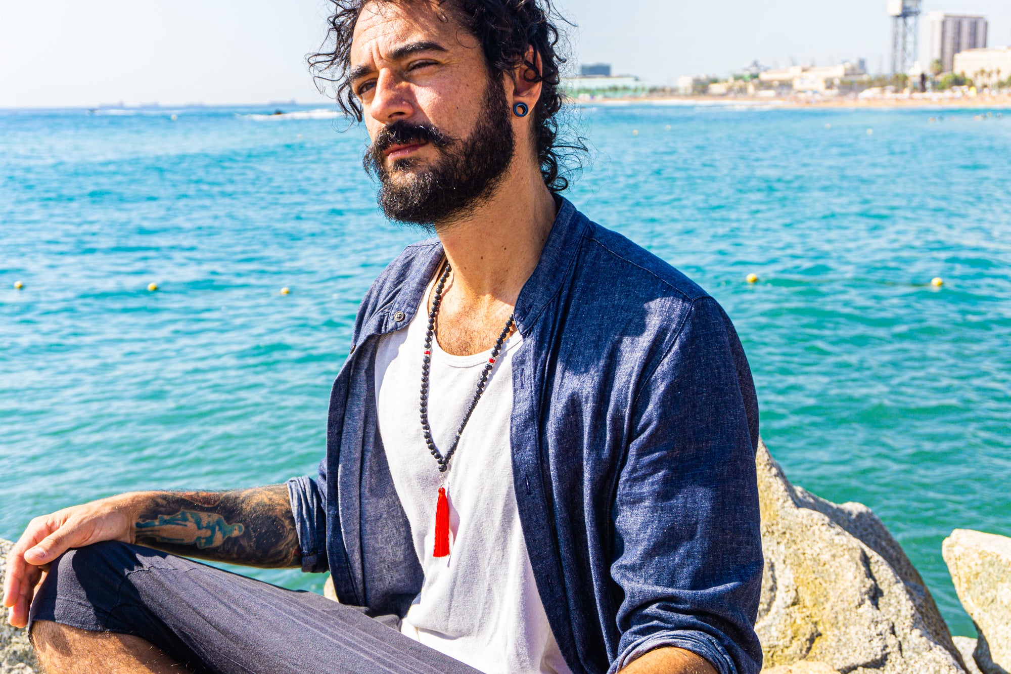 108 beads mala meditation necklace for men made of lava stone and red agate- wander jewellery