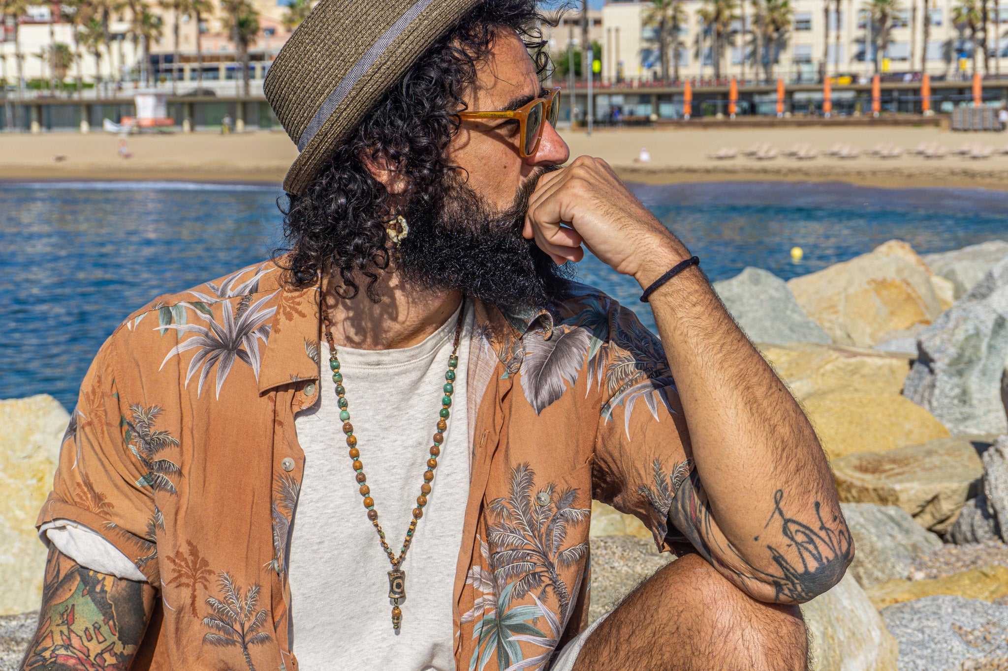 mens leather, jade, jasper beaded mala necklace with thrd eye agate pendant- wander jewelry