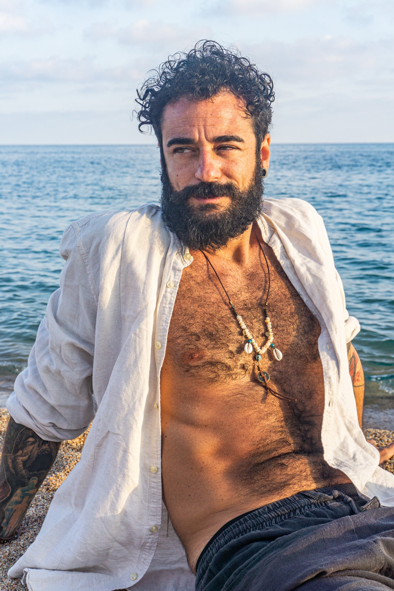 mens leather beaded necklace made of brass beads and white coral , with coin and shell charms-wander jewellery