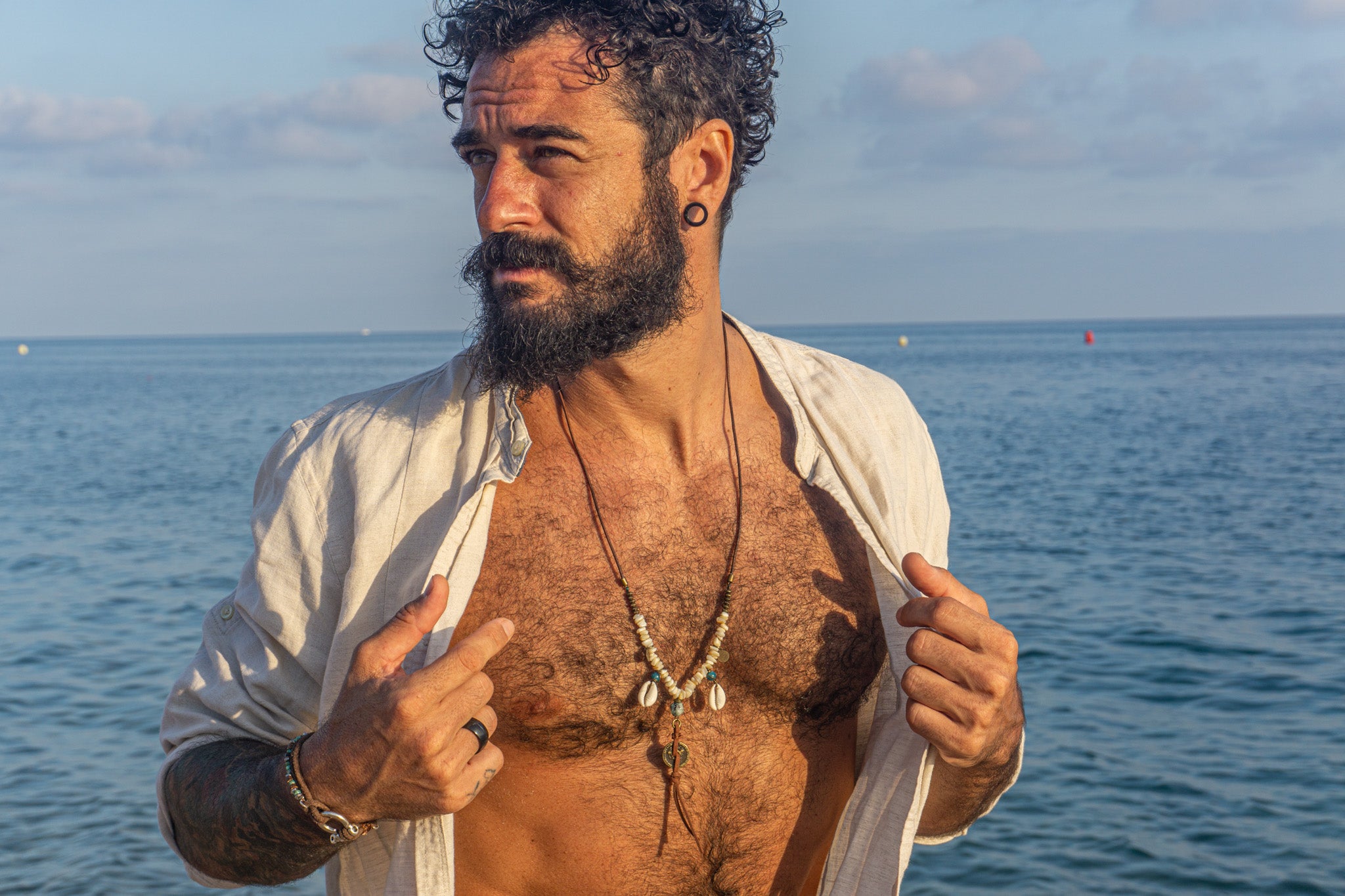 mens long leather beaded necklace made of brass beads and white coral , with charms-wander jewellery