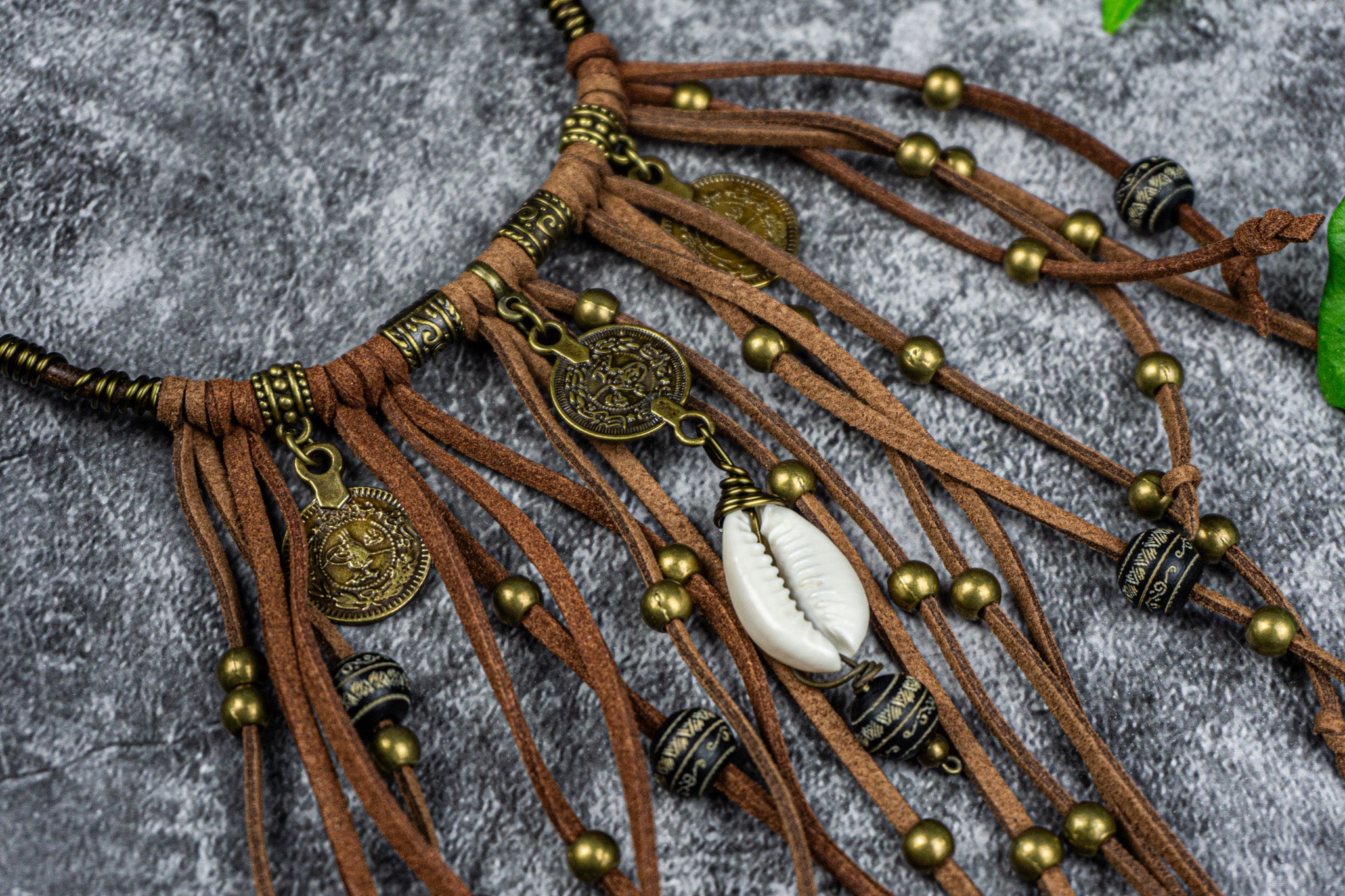 leather pants chain with bronze dangle beads and coins with a cowrie shell- wander jewellery