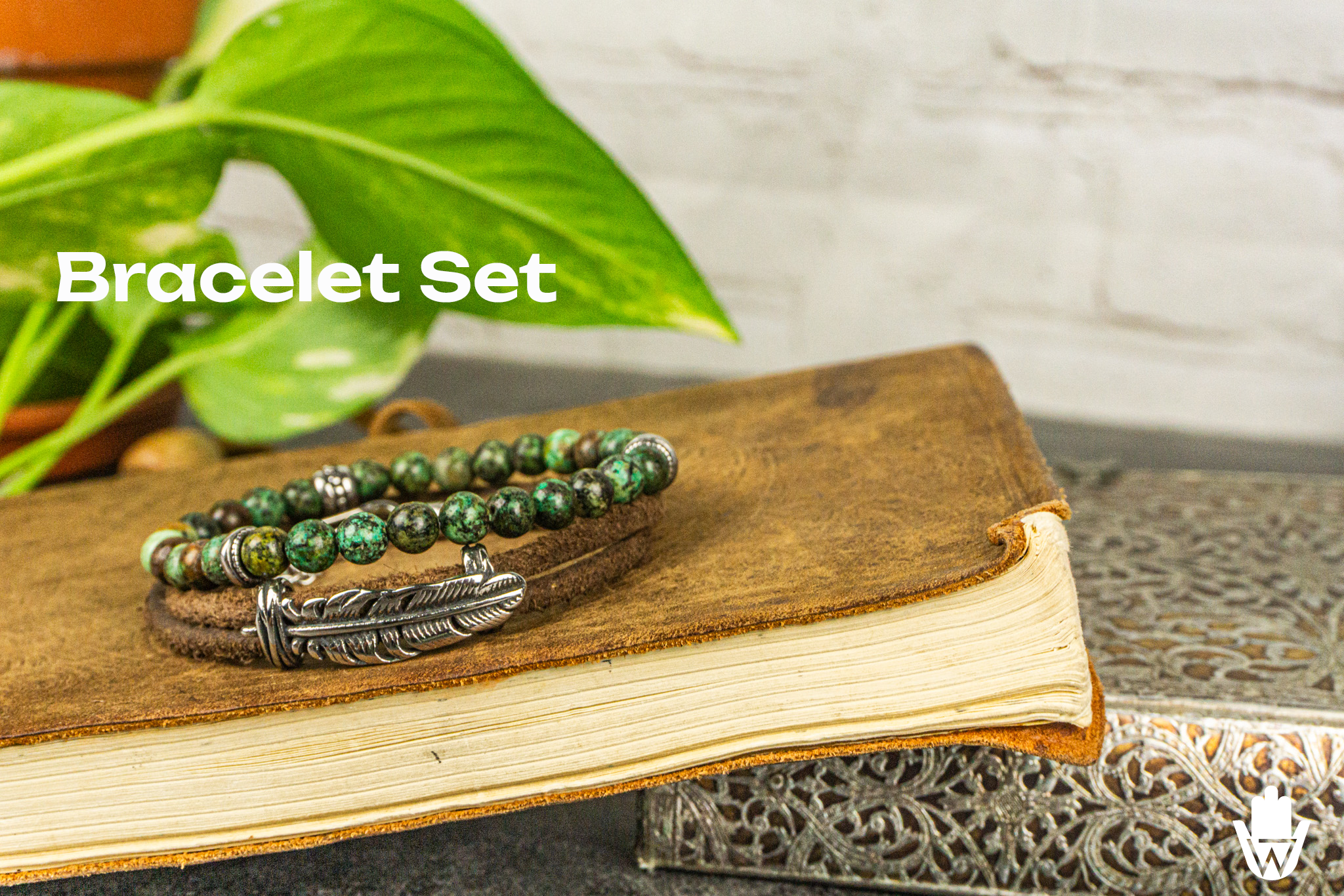 leather bracelet with silver feather and green african turquoise bead matching bracelet set of 2- wander jewellery