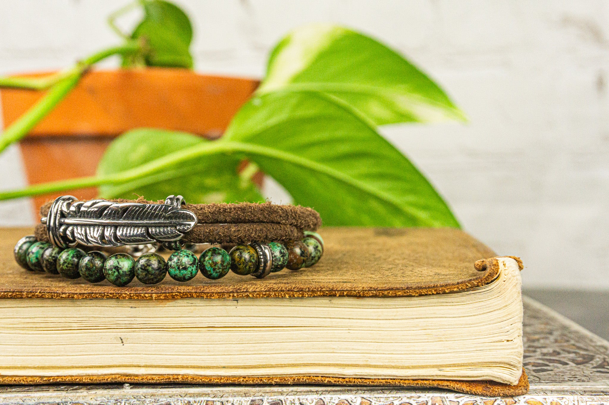 leather wrap bracelet with silver feather and green african turquoise bead matching bracelet set - wander jewellery