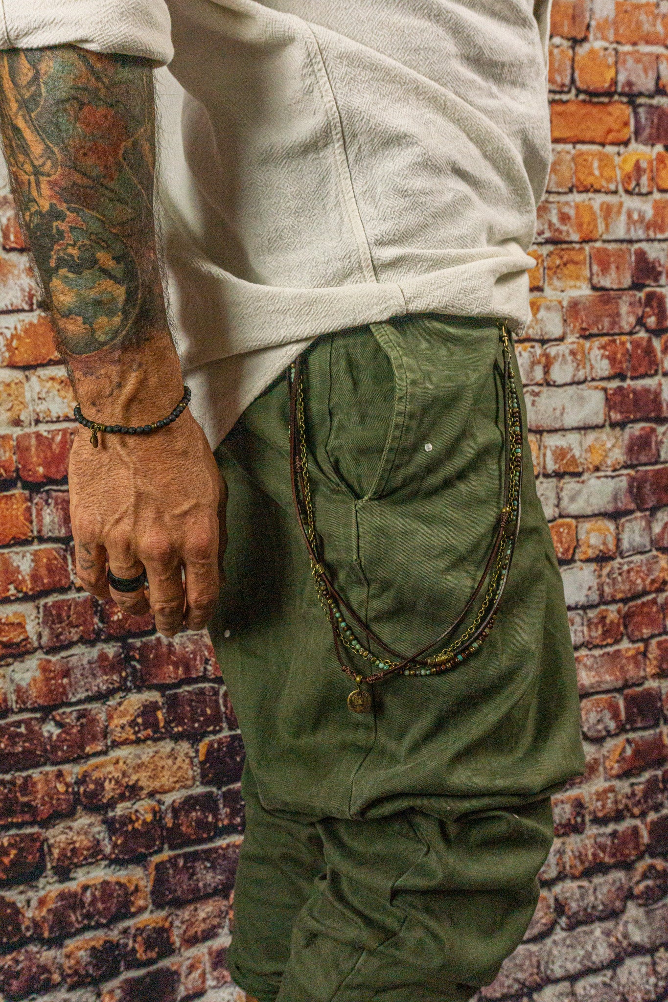 mens layered leather and gemstone beaded key chain for pants - wander jewellery