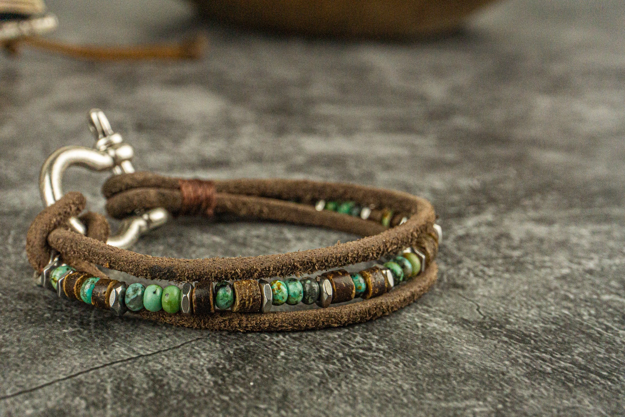 rustic leather and african turquoise jasper gemstone layering bracelet with an aesthetic stainless steel D-Ring Anchor Shackle Clasp- wander jewellery