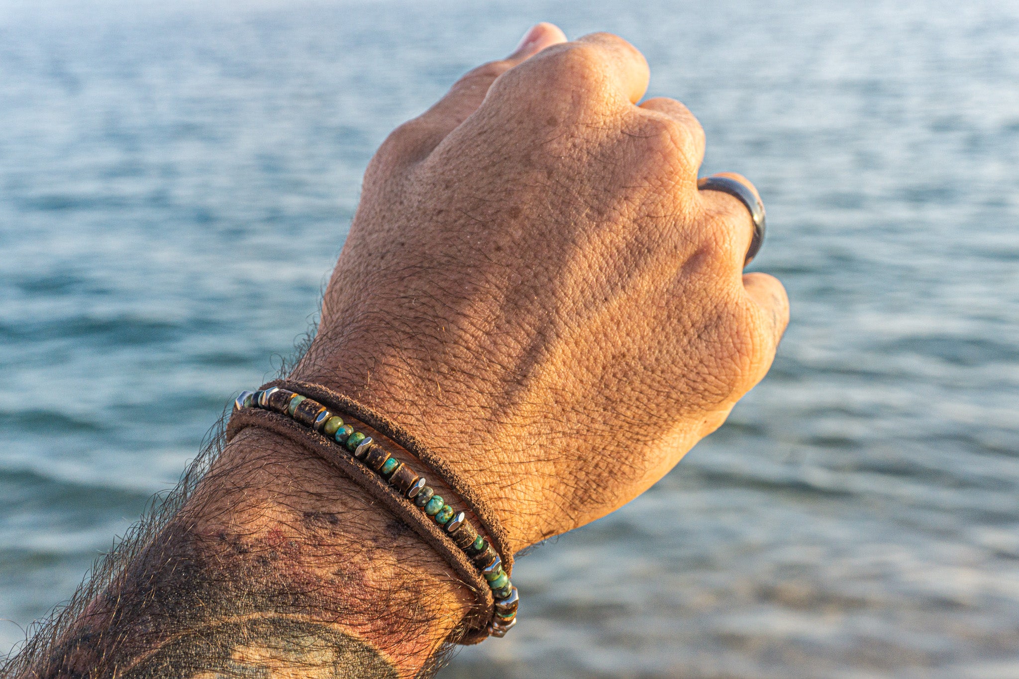 mens leather and jasper layering bracelet with an aesthetic stainless steel D-Ring Anchor Shackle Clasp- wander jewellery