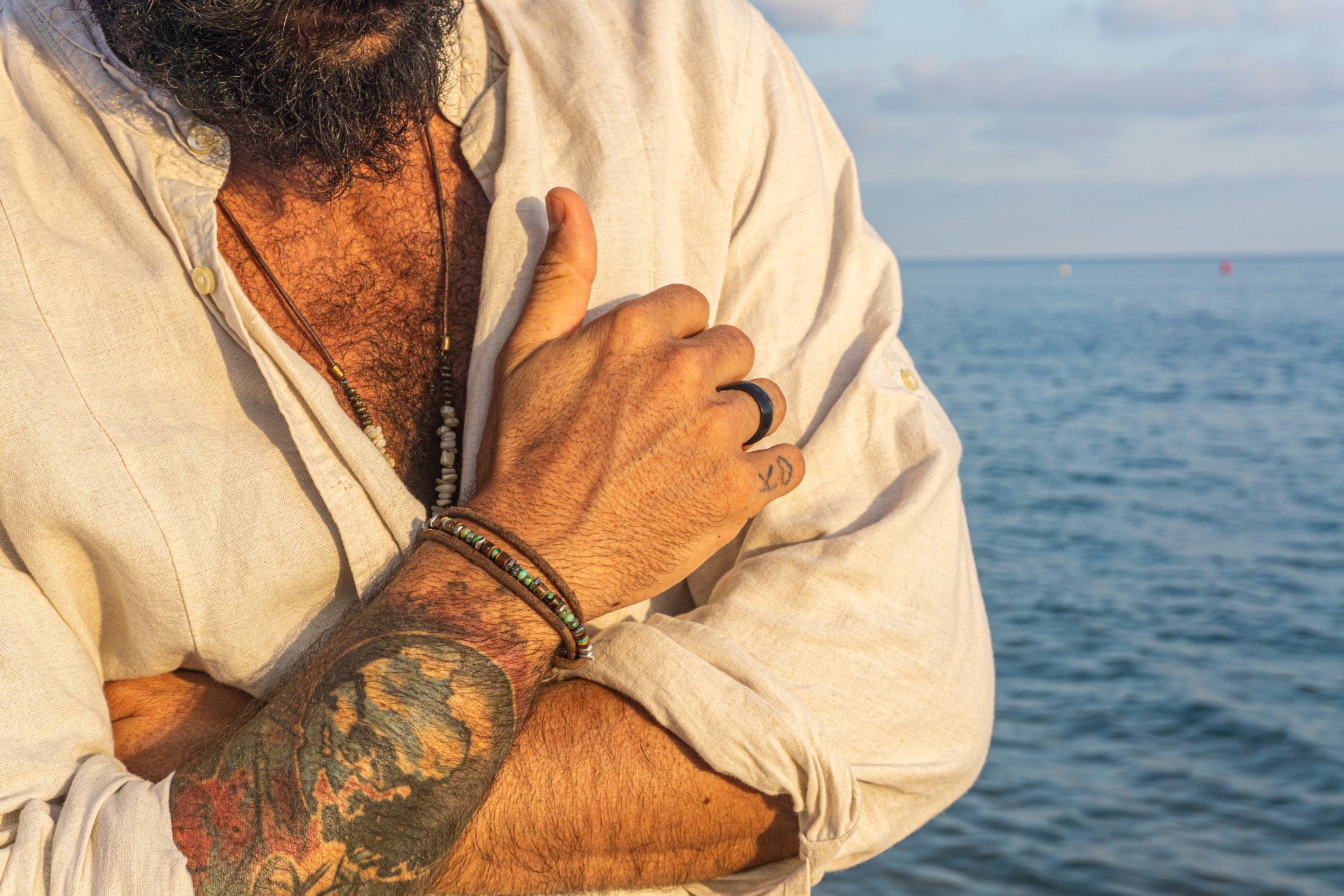 mens rustic leather and african turquoise jasper gemstone layering bracelet with an aesthetic stainless steel D-Ring Anchor Shackle Clasp- wander jewellery