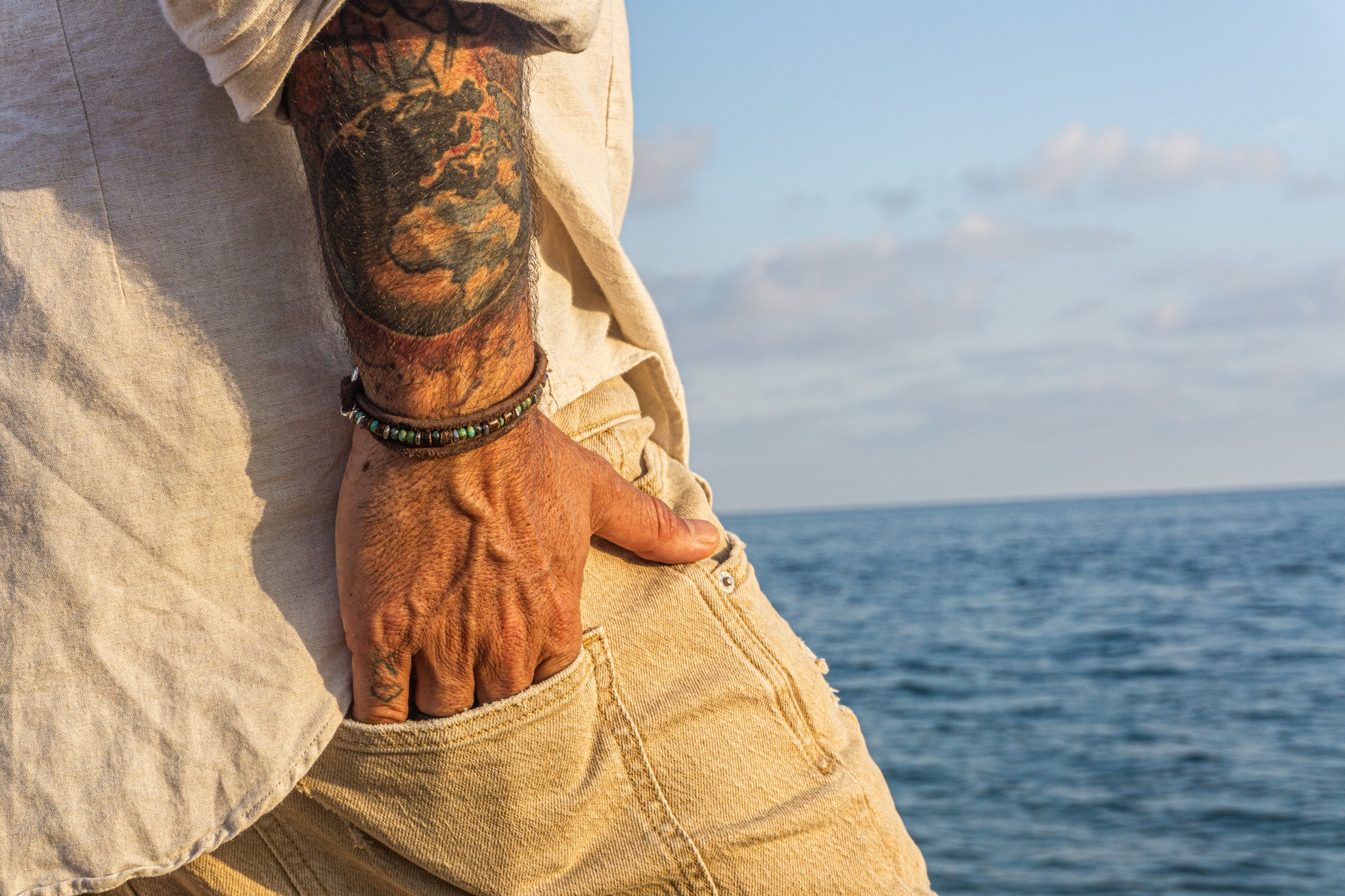 mens leather and african turquoise gemstone layering bracelet with an aesthetic stainless steel D-Ring Anchor Shackle Clasp- wander jewellery