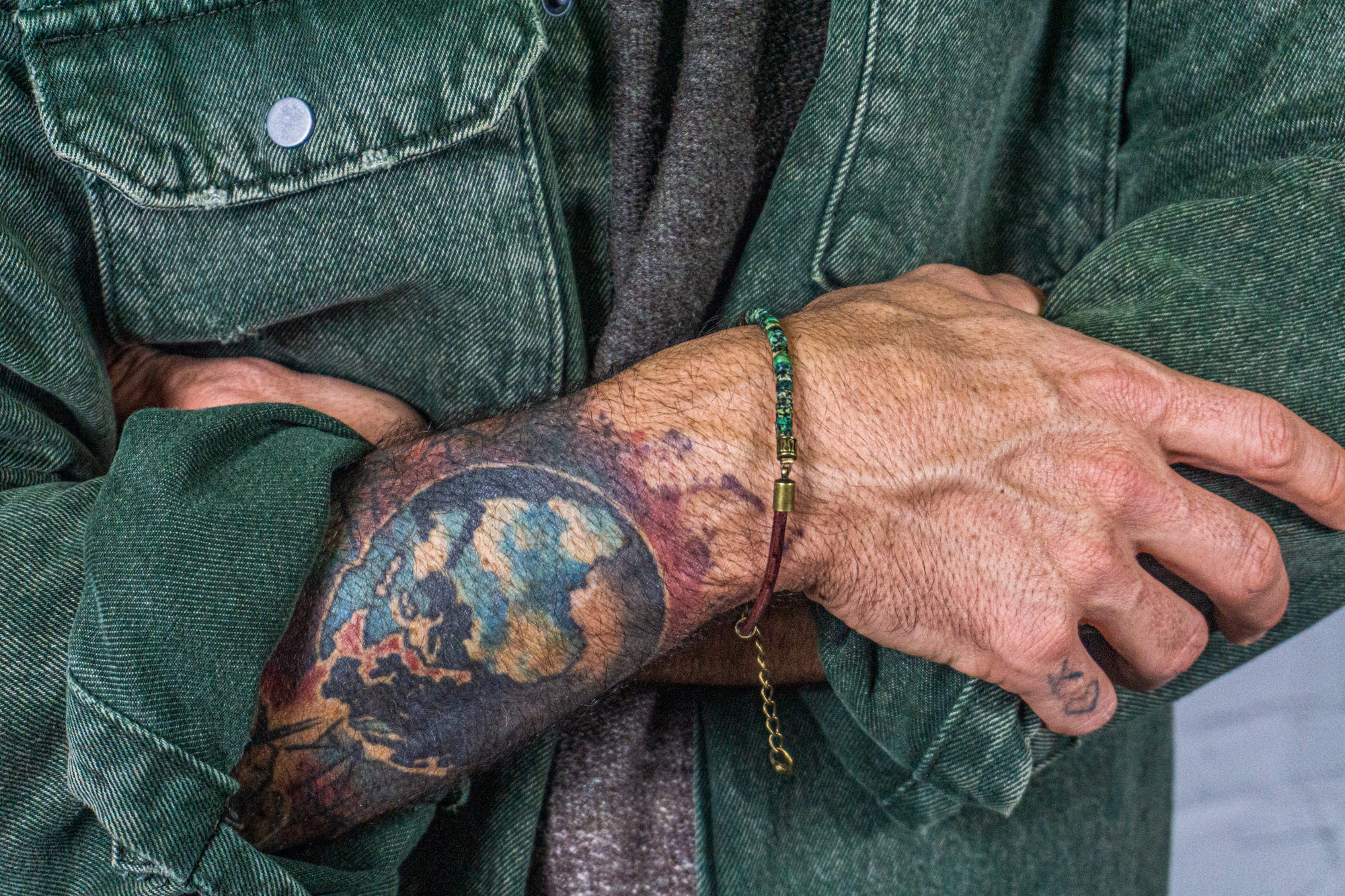 mens brown leather and green african turquoise jasper gemstone bead bracelet- wander-jewellery