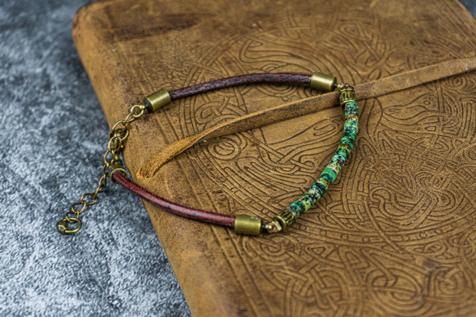 brown leather and green african turquoise jasper gemstone bracelet- wander-jewellery