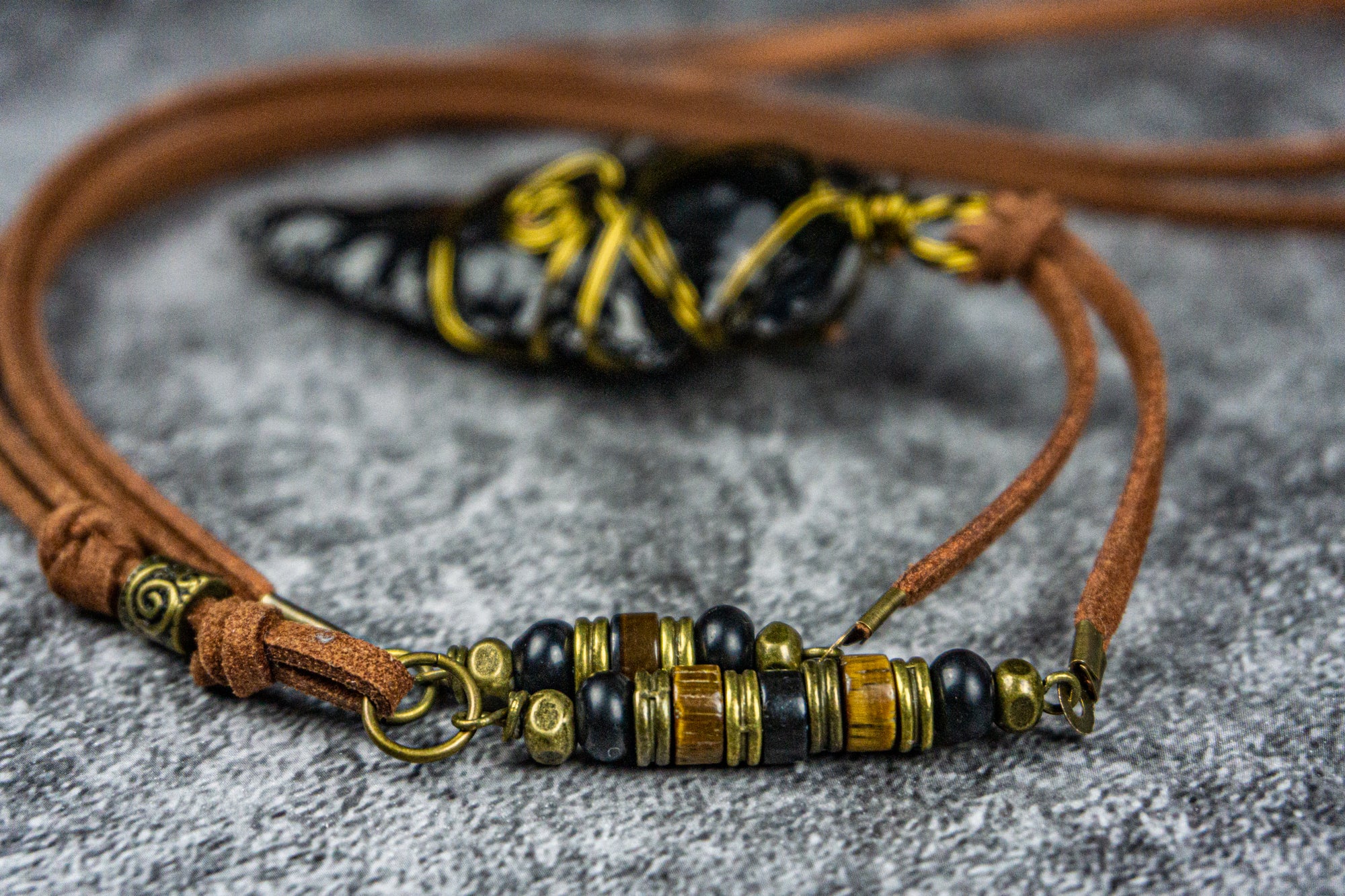 faux leather necklace with black obsidian pendant- wander jewellery