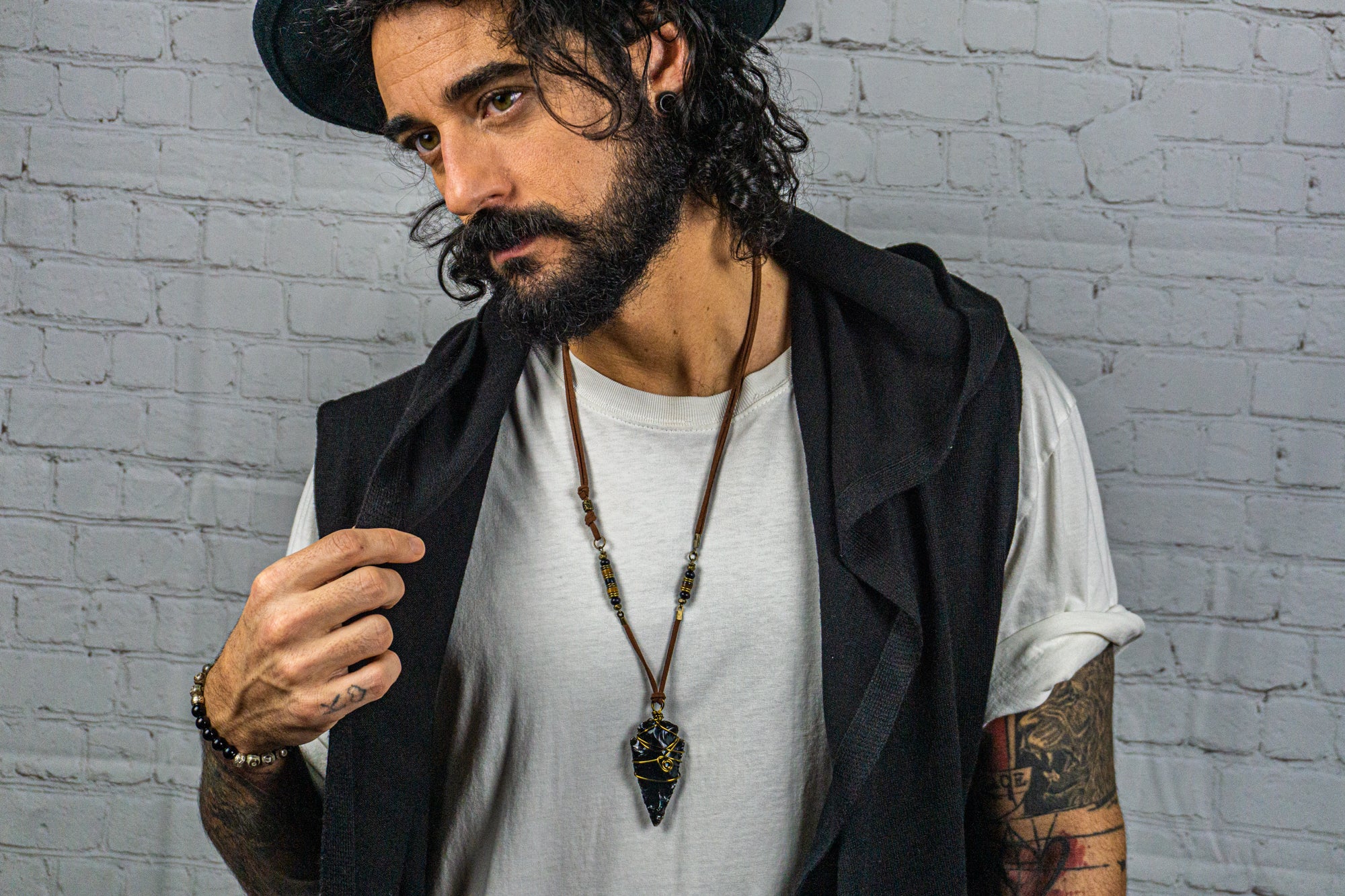 mens faux leather necklace with black obsidian crystal pendant- wander jewellery