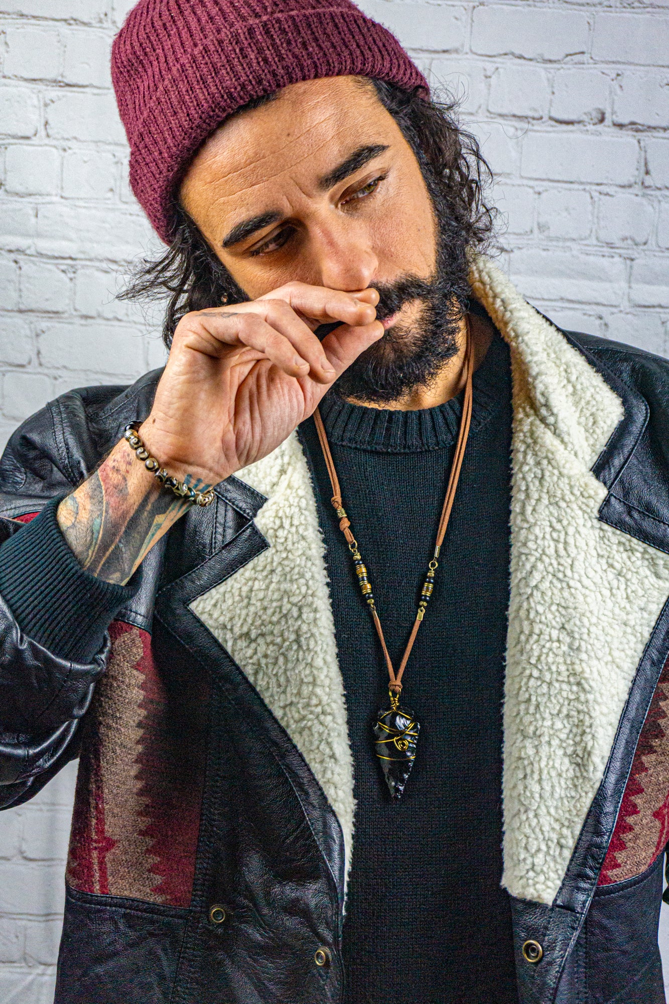 Obsidian Pendant Boho Leather Necklace