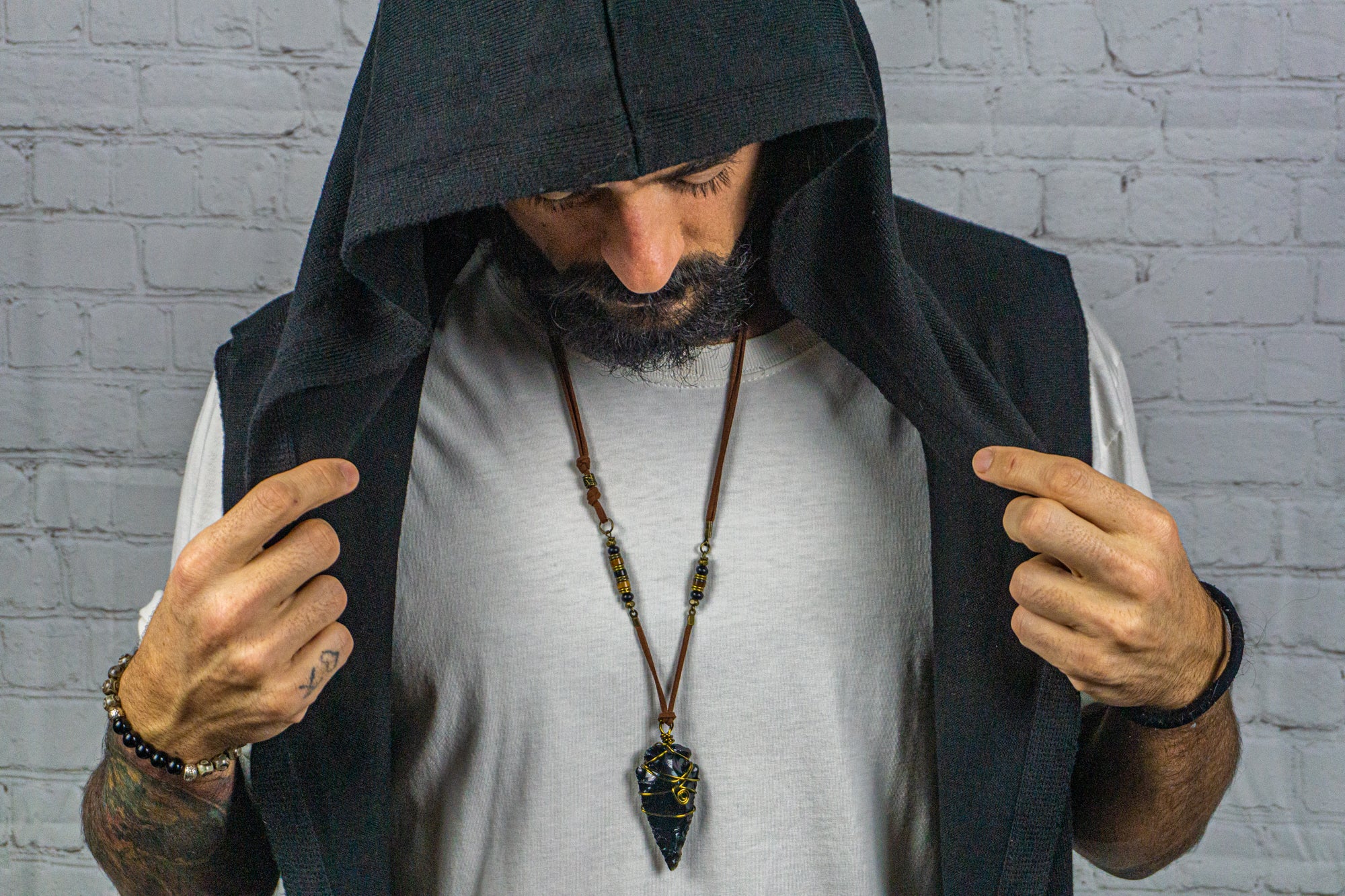 mens leather necklace with black obsidian crystal pendant- wander jewellery