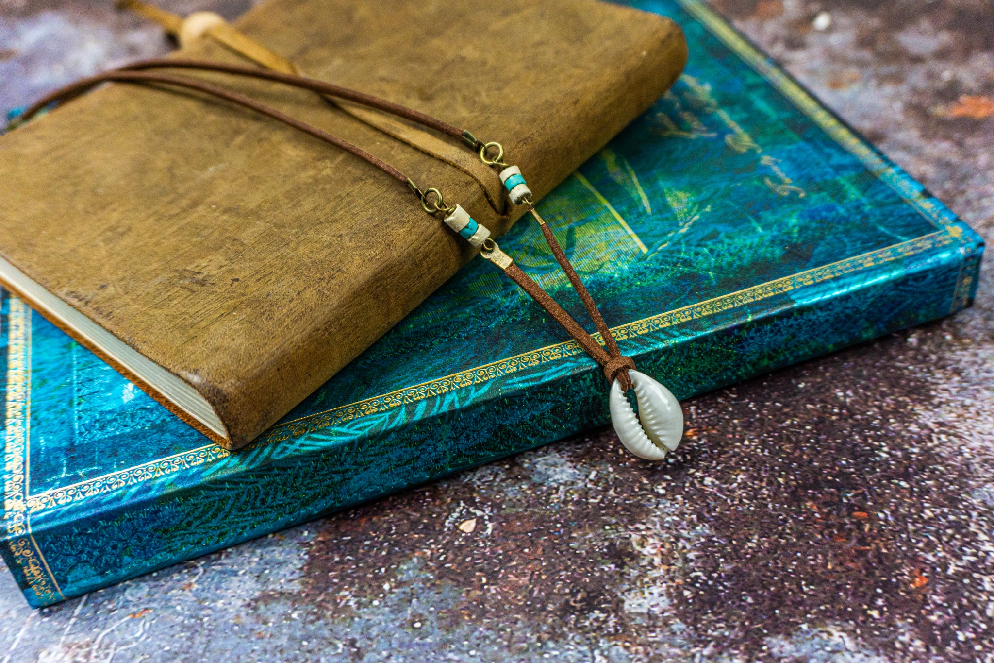 leather shell pendant surfer short necklace- wander jewellery