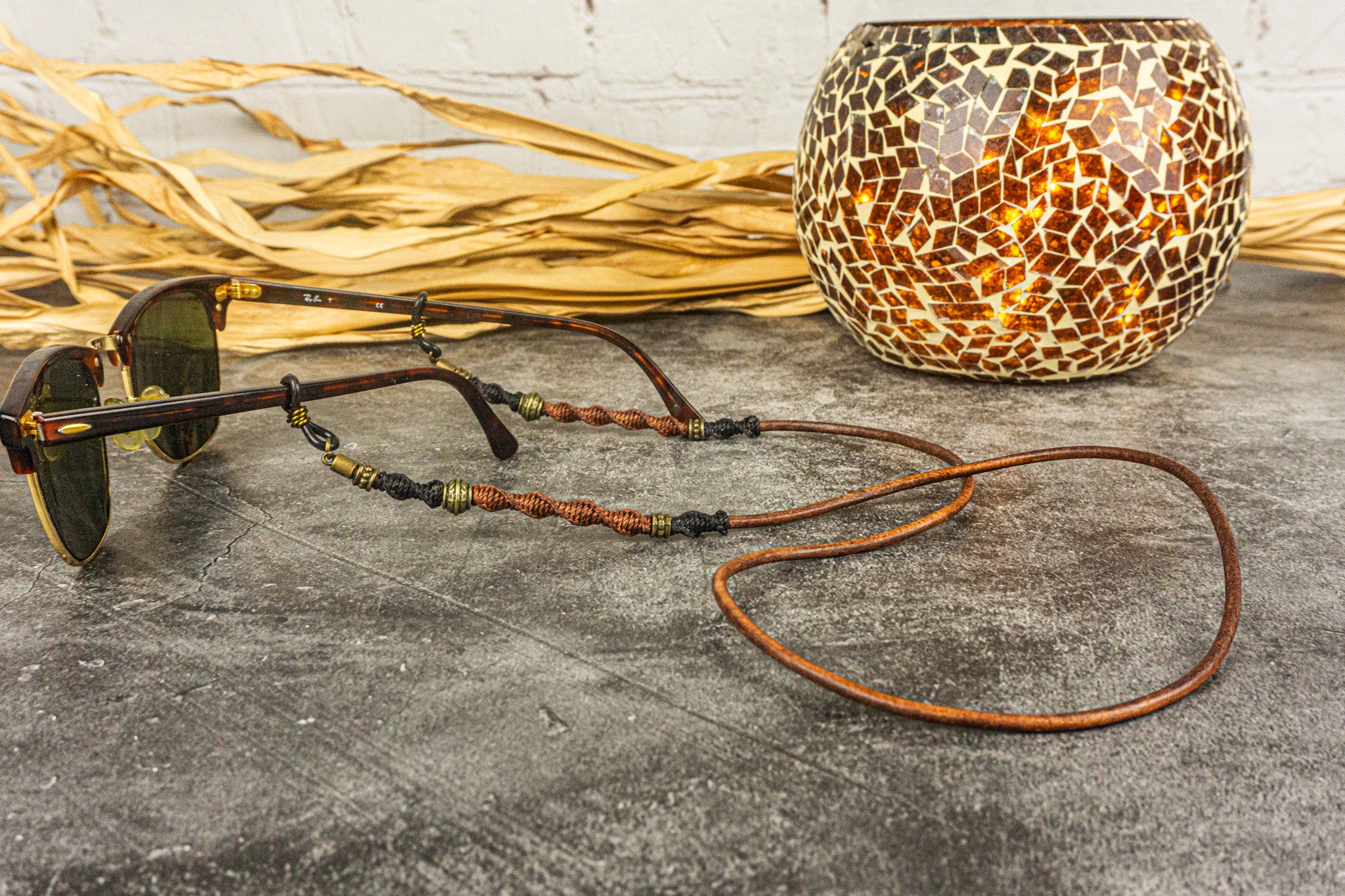 leather strap glasses holder with macrame decorations- wander jewellery