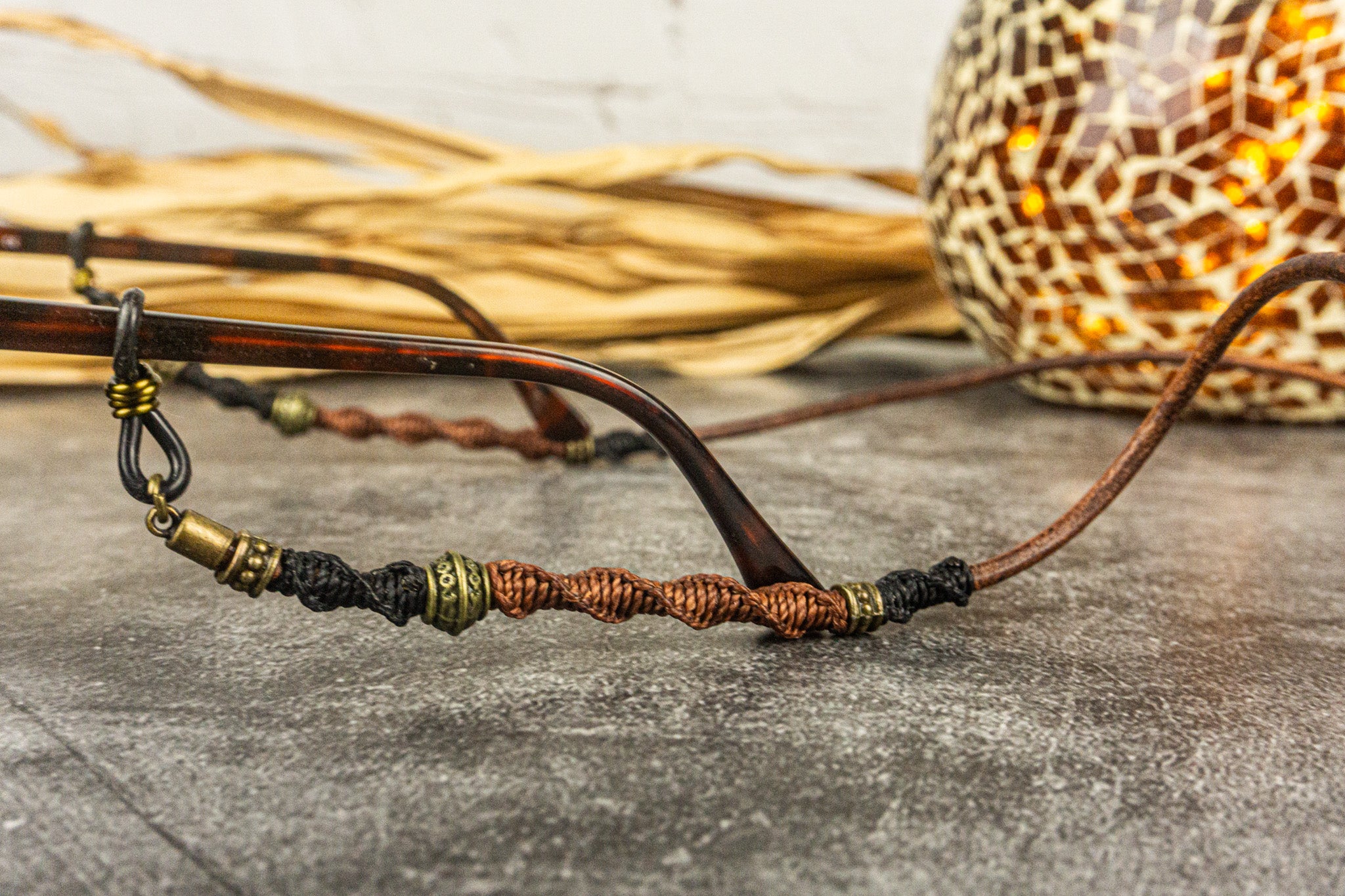 leather sunglasses chain holder with macrame decorations- wander jewellery