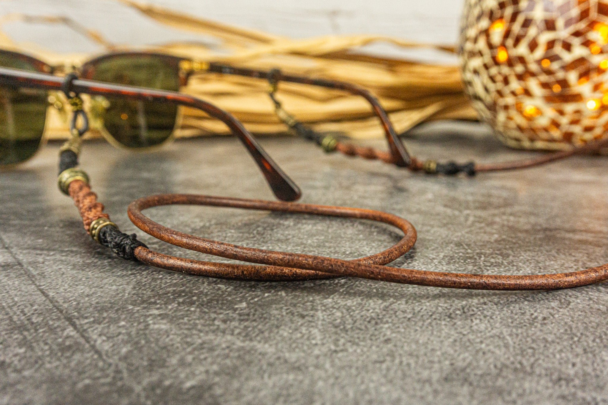 genuine leather strap sunglasses holder with macrame decorations- wander jewellery