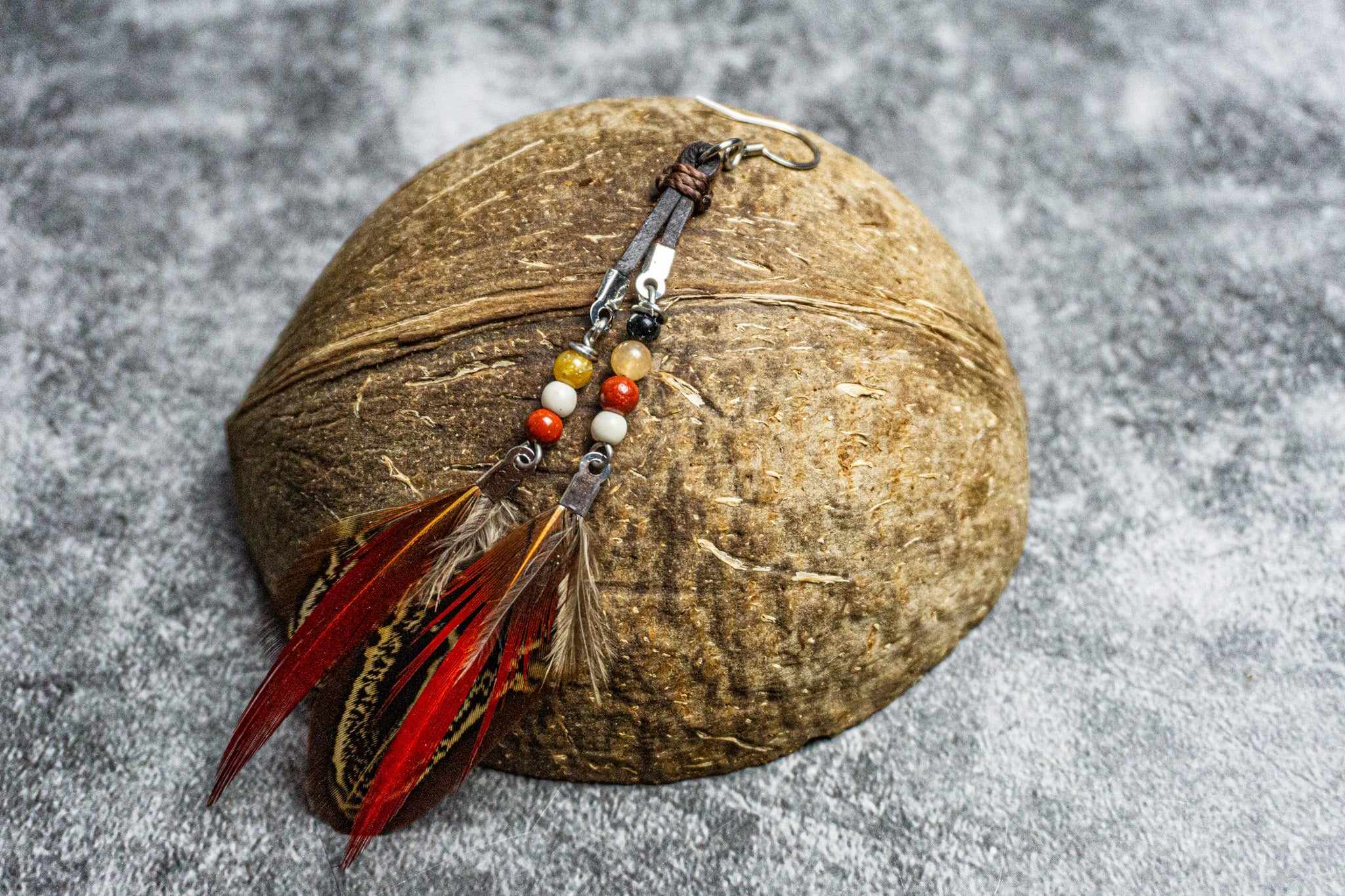 leather dangle earring with double feathers and beads- wander jewellery